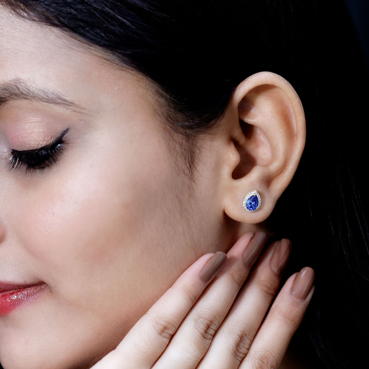 Lab Grown Blue Sapphire Teardrop Stud Earrings With Diamond Halo AAAA - Rosec Jewels