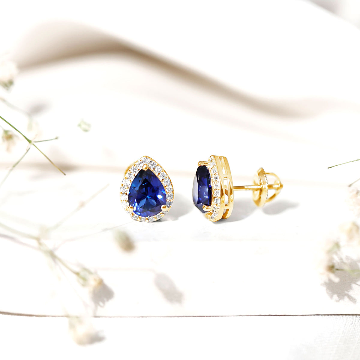 Lab Grown Blue Sapphire Teardrop Stud Earrings With Diamond Halo AAAA - Rosec Jewels