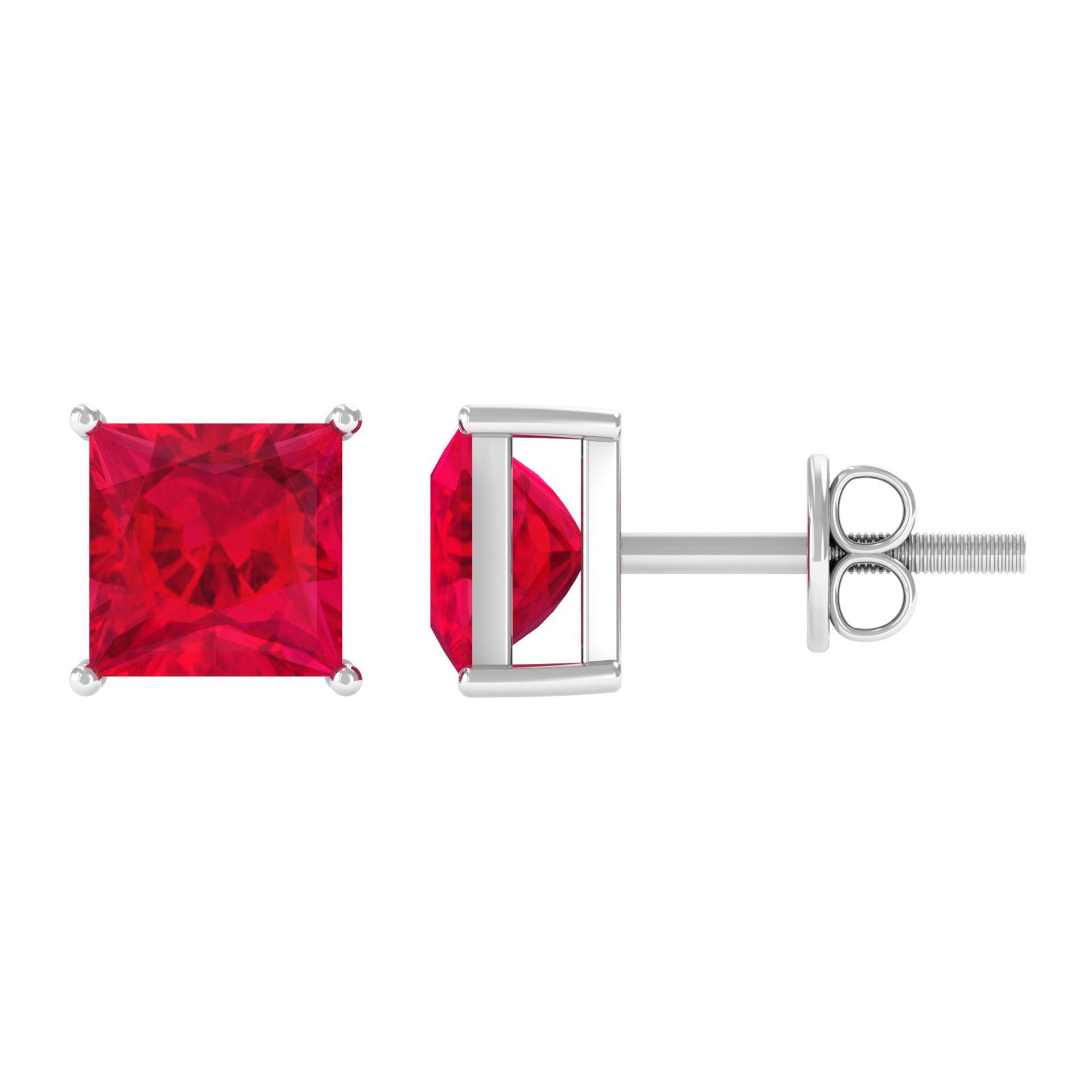 Solitaire Stud Earrings with Princess Cut Lab Created Ruby Lab Created Ruby - ( AAAA ) - Quality - Rosec Jewels