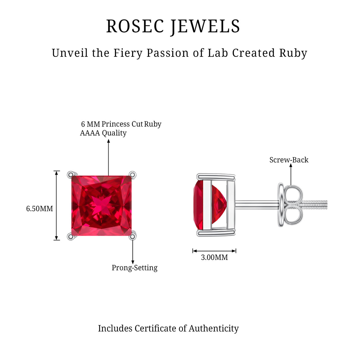 3 Carat Princess Cut Lab Created Ruby Solitaire Stud Earrings AAAA - Rosec Jewels