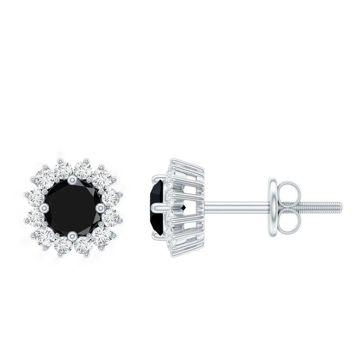 Certified Real Black Spinel Stud Earrings with Diamond Halo AAA - Rosec Jewels