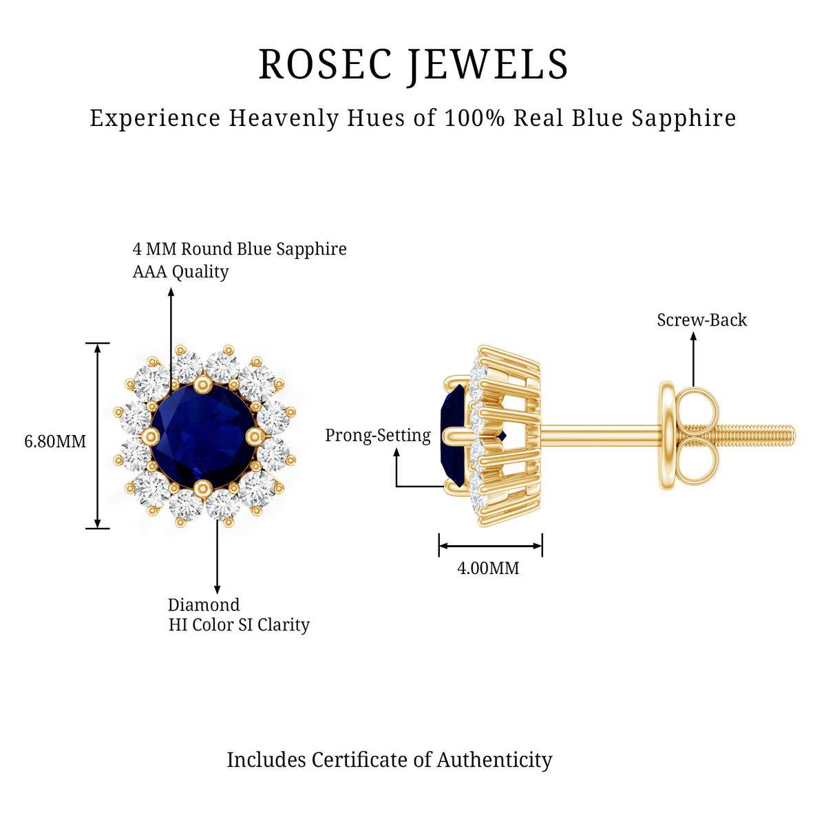 0.8 Carat Natural Blue Sapphire and Diamond Halo Stud Earrings AAA - Rosec Jewels