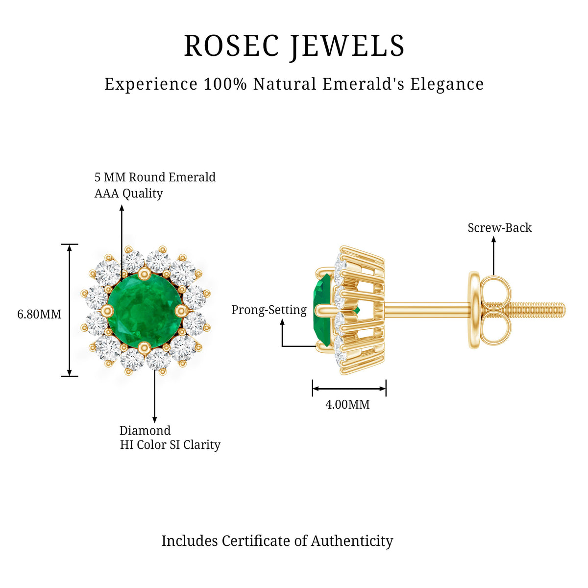 Natural Emerald Classic Stud Earrings with Diamond Halo AAA - Rosec Jewels