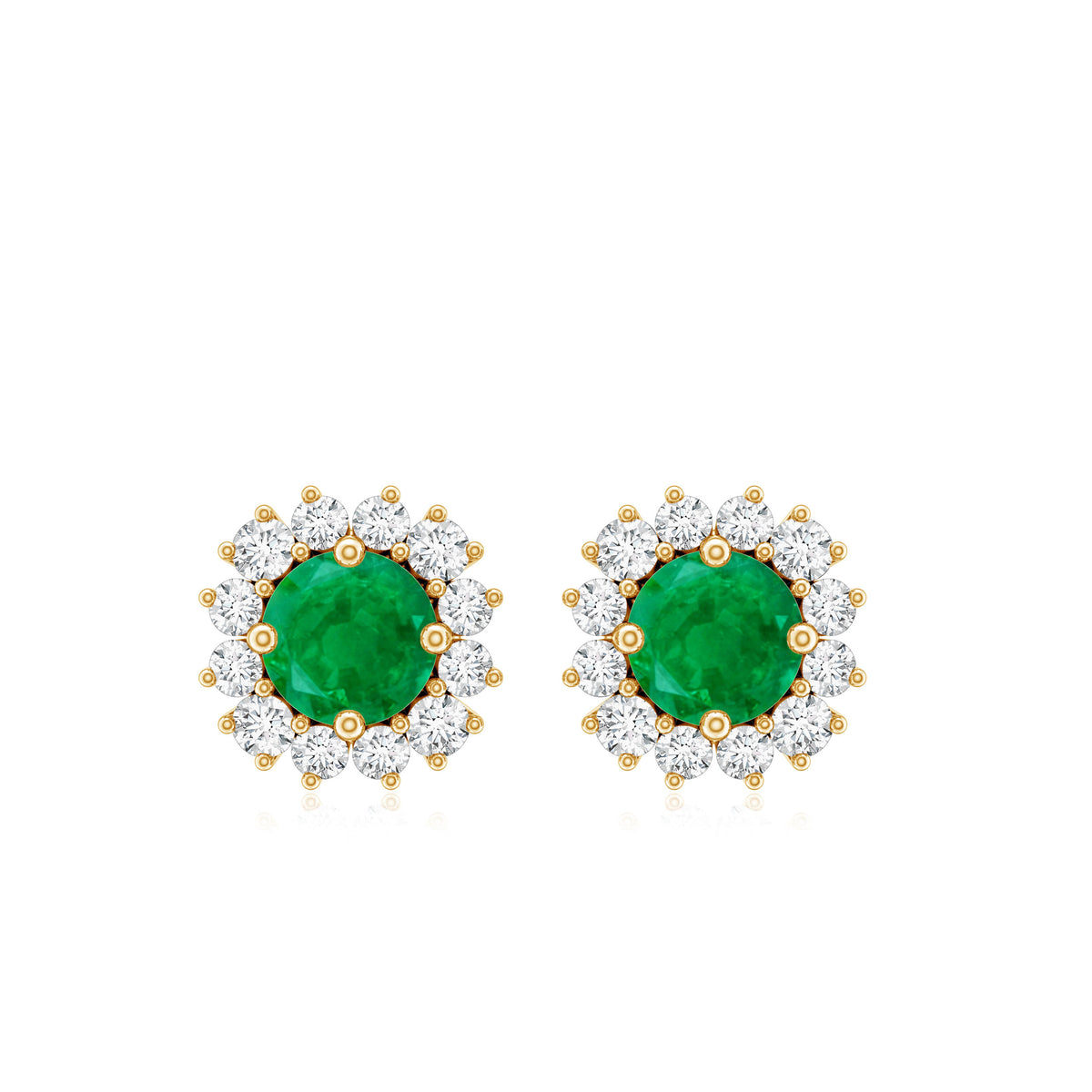 Natural Emerald Classic Stud Earrings with Diamond Halo AAA - Rosec Jewels