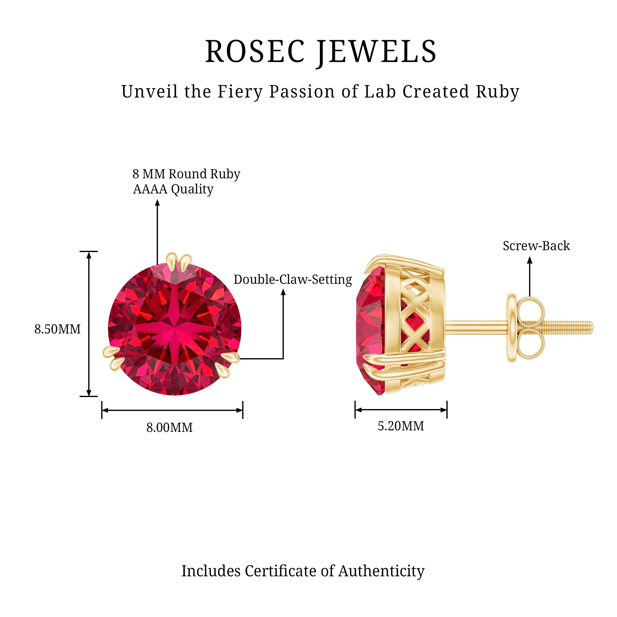 8MM Lab Created Ruby Solitaire Stud Earrings for Women AAAA - Rosec Jewels