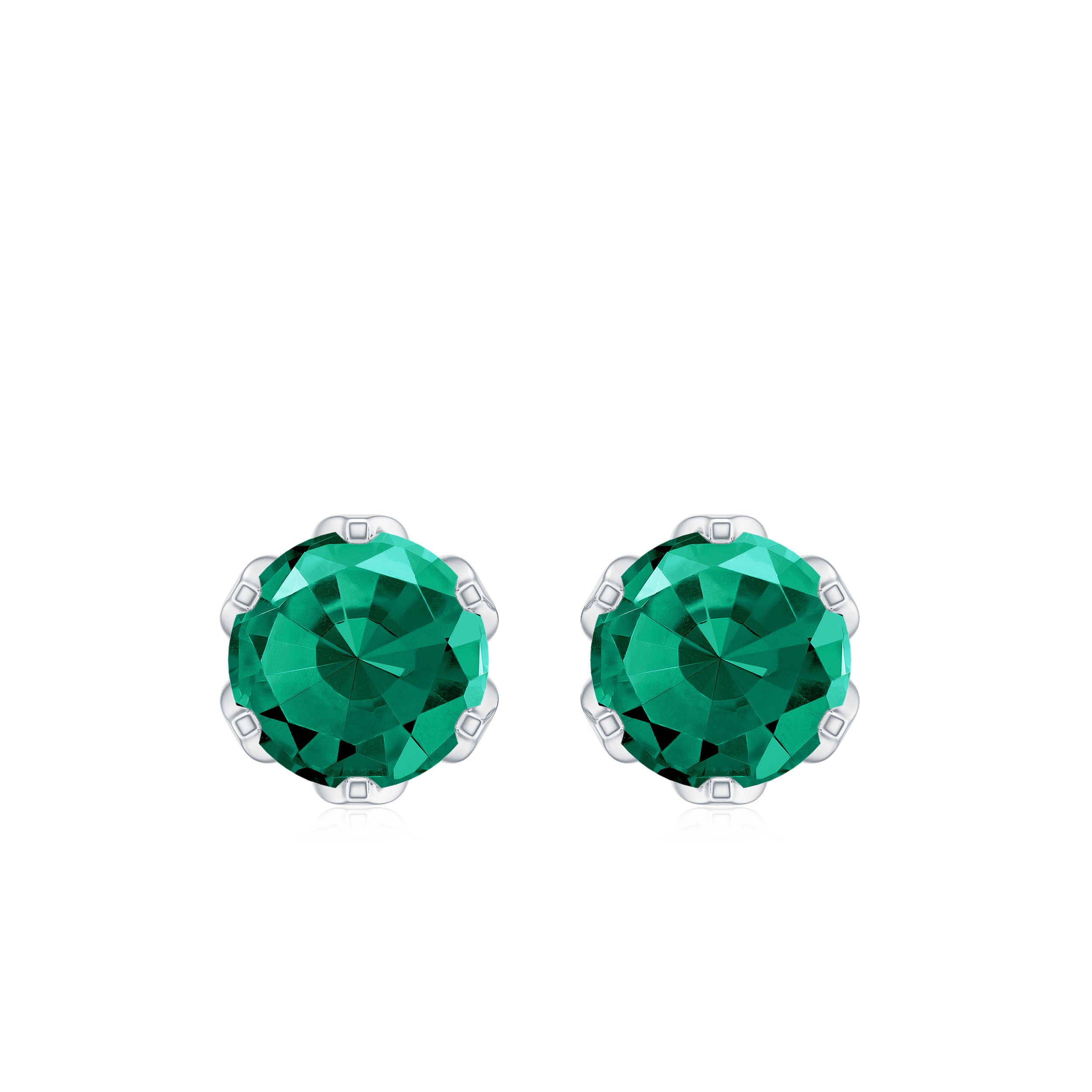 6 MM Round Cut Created Emerald Solitaire Stud Earrings in Lotus Basket Setting - Rosec Jewels