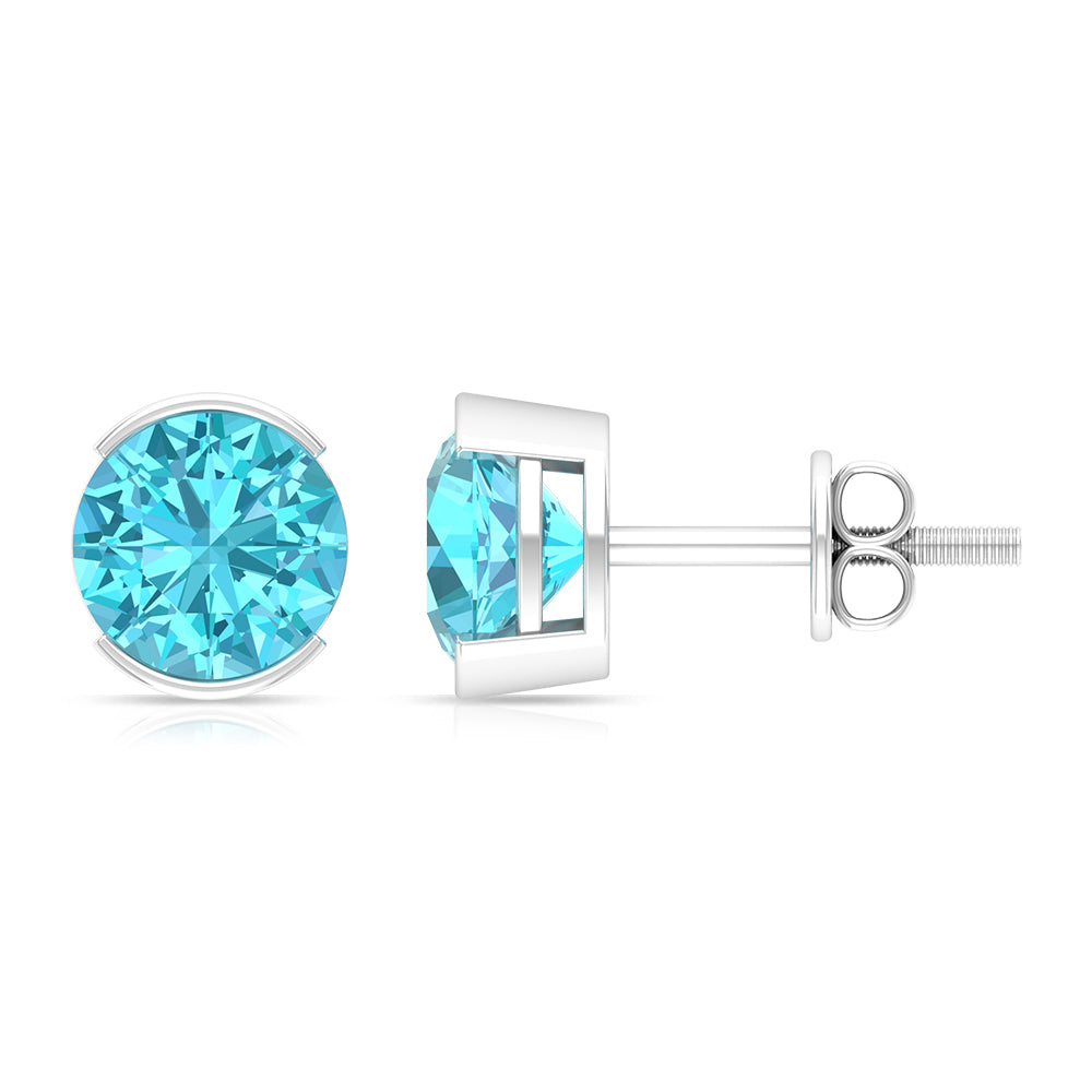 Swiss Blue Topaz Solitaire Stud Earrings in Half Bezel Setting Swiss Blue Topaz - ( AAA ) - Quality - Rosec Jewels