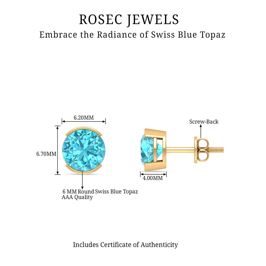 Swiss Blue Topaz Solitaire Stud Earrings in Half Bezel Setting Swiss Blue Topaz - ( AAA ) - Quality - Rosec Jewels