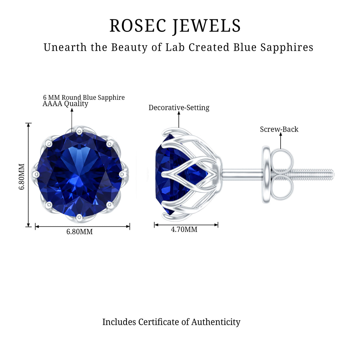 Round Lab Created Blue Sapphire Stud Earrings in Decorative Setting AAAA - Rosec Jewels