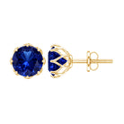 Round Lab Created Blue Sapphire Stud Earrings in Decorative Setting AAAA - Rosec Jewels
