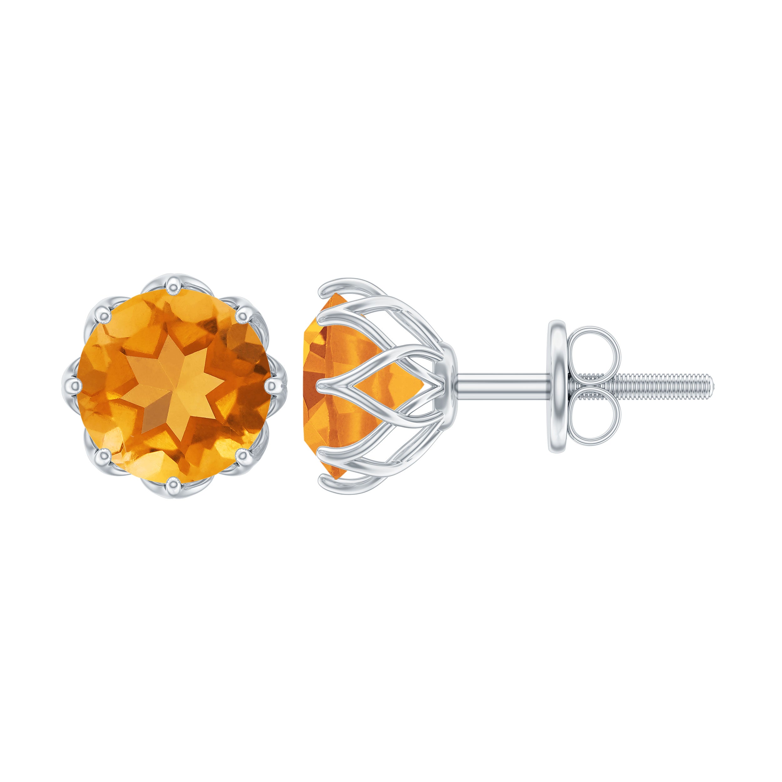 Round Citrine Solitaire Stud Earrings in Decorative Setting Citrine - ( AAA ) - Quality - Rosec Jewels