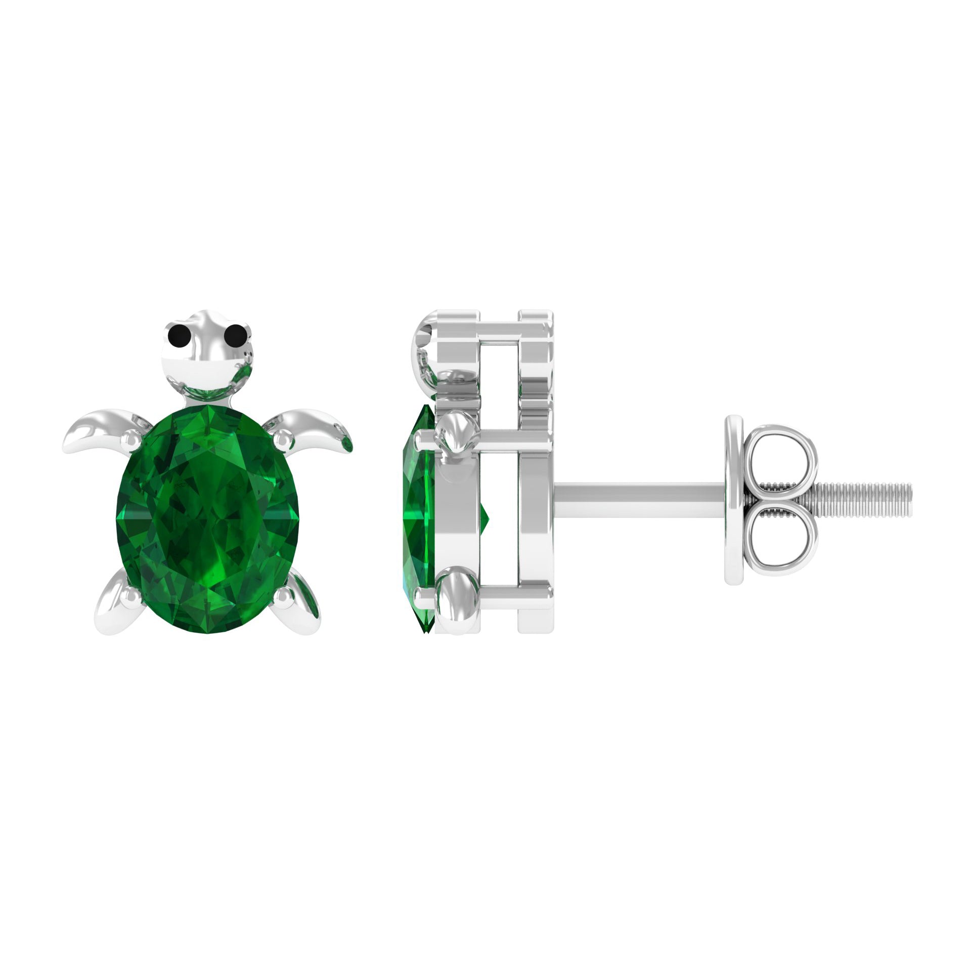 Cute Turtle Stud Earrings with Oval Cut Created Emerald Lab Created Emerald - ( AAAA ) - Quality - Rosec Jewels