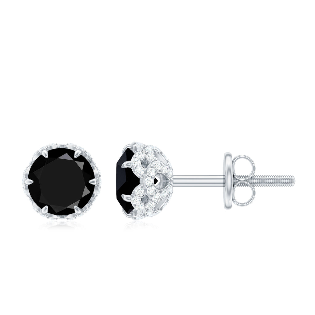 Lotus Basket Set Black Onyx Solitaire Stud Earrings with Diamond Accent