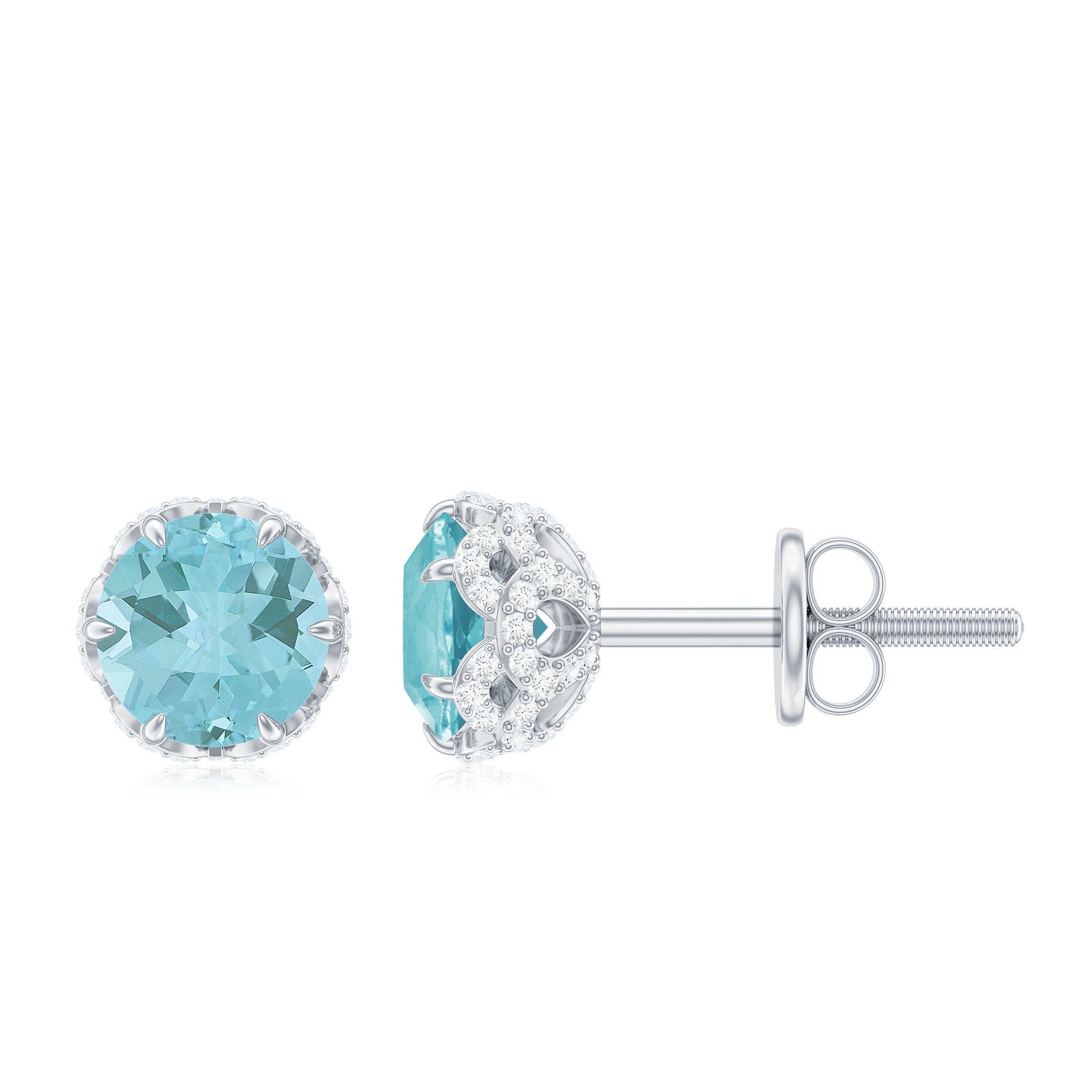 Lotus Basket Set Sky Blue Topaz Solitaire Stud Earrings with Diamond
