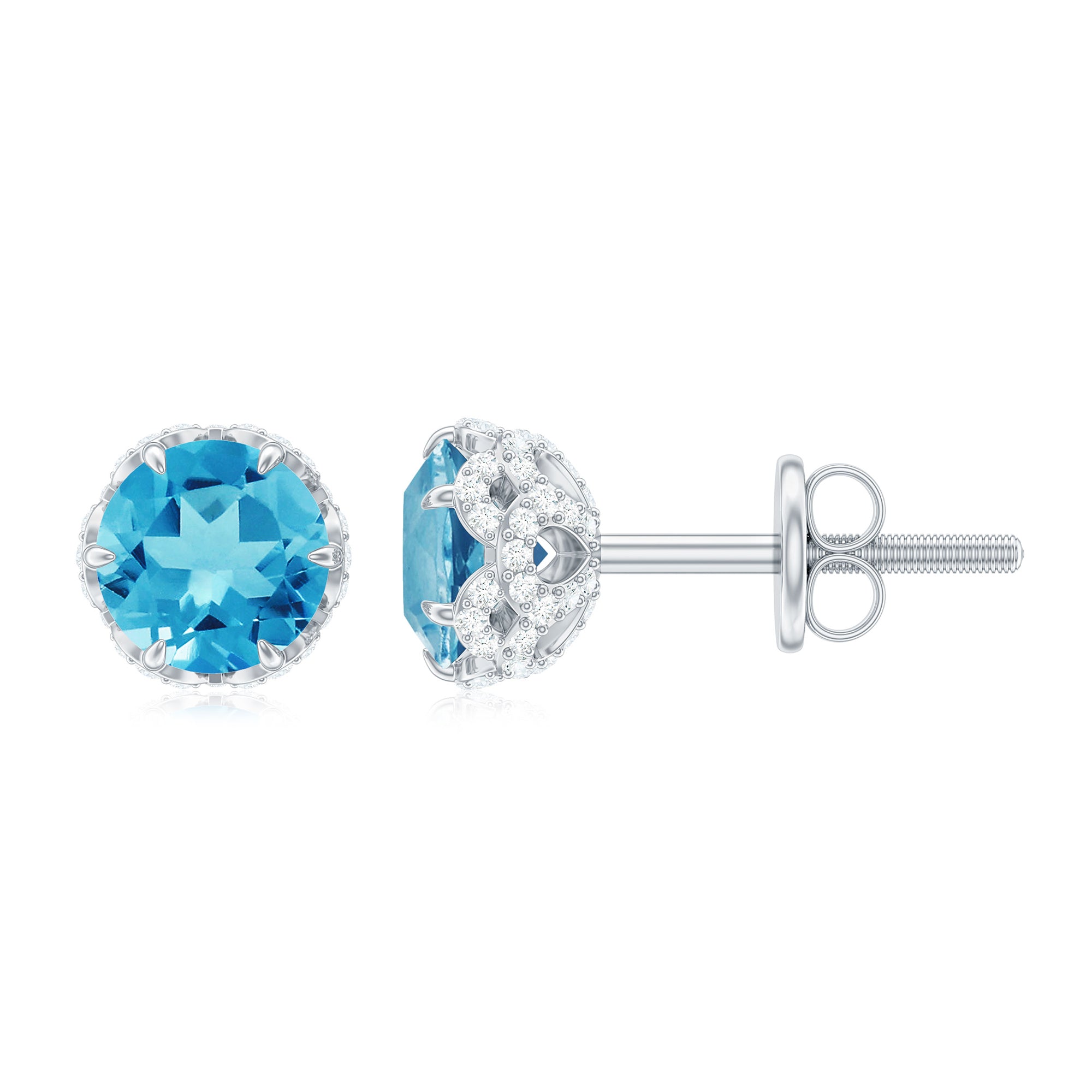 Lotus Basket Set Swiss Blue Topaz Solitaire Stud Earrings with Diamond Accent