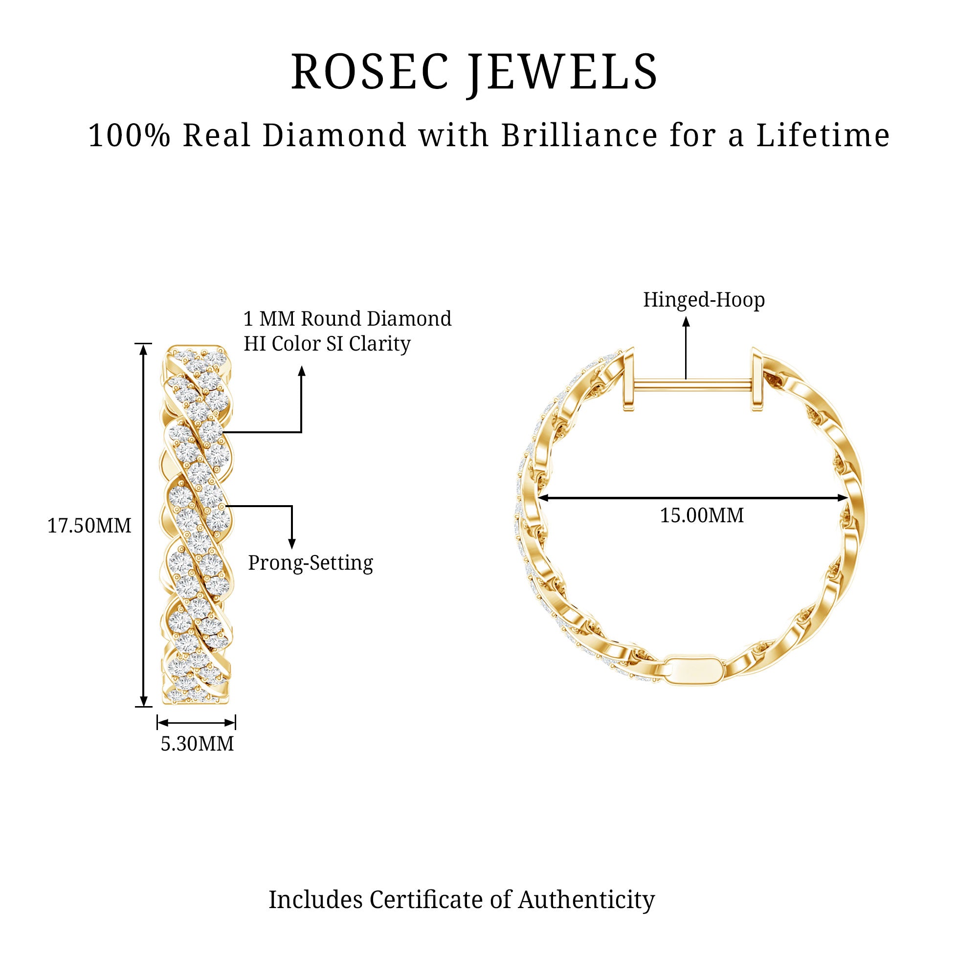 Natural Diamond Twisted Hoop Earrings with Certificate Natural - ( HI-SI ) - Rosec Jewels