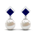 Freshwater Pearl and Blue Sapphire Drop Earrings with Moissanite Blue Sapphire - ( AAA ) - Quality - Rosec Jewels