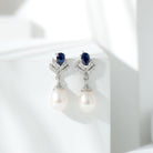 Freshwater Pearl and Blue Sapphire Teardrop Earrings with Moissanite Blue Sapphire - ( AAA ) - Quality - Rosec Jewels