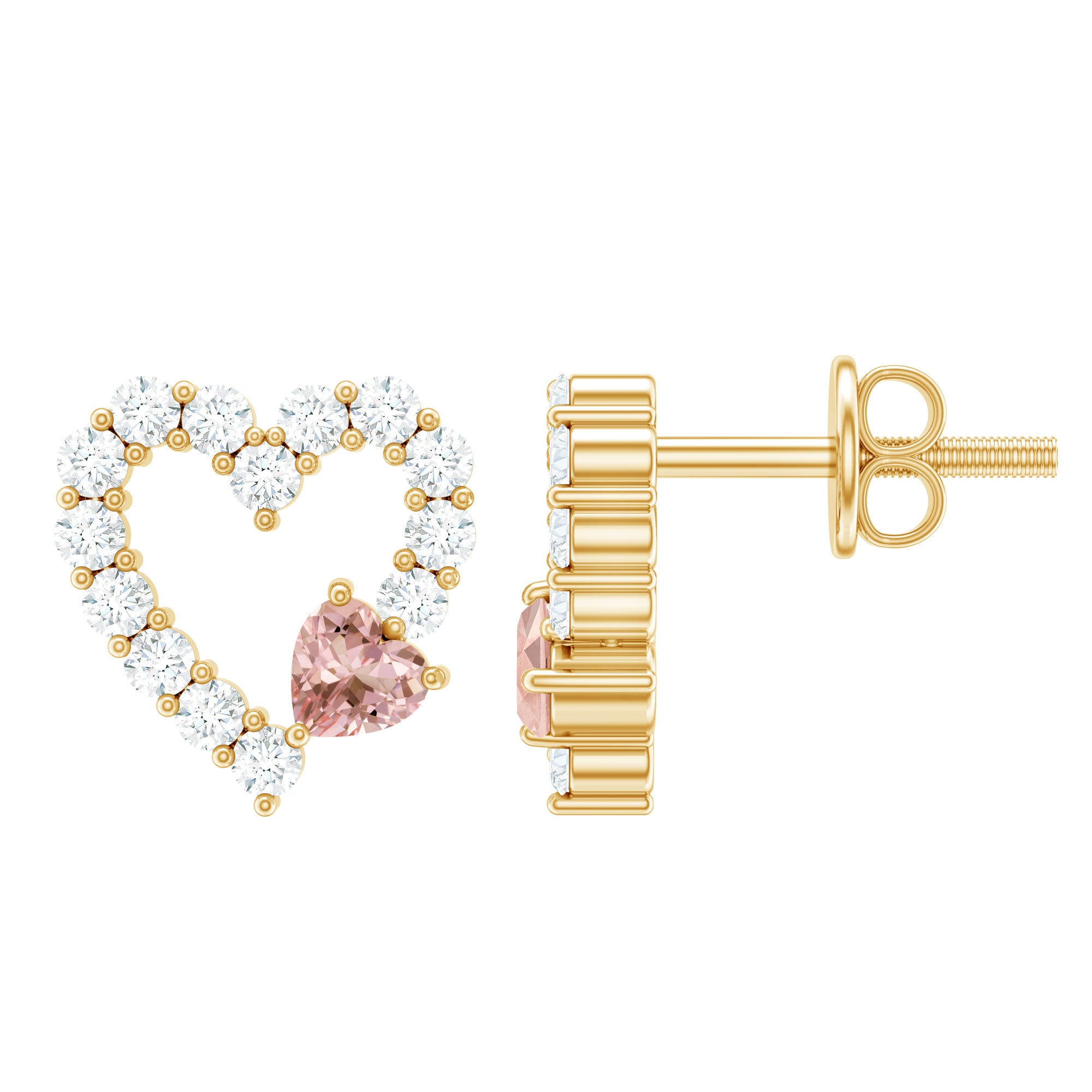Certified Morganite and Diamond Heart Stud Earrings with Screwbacks