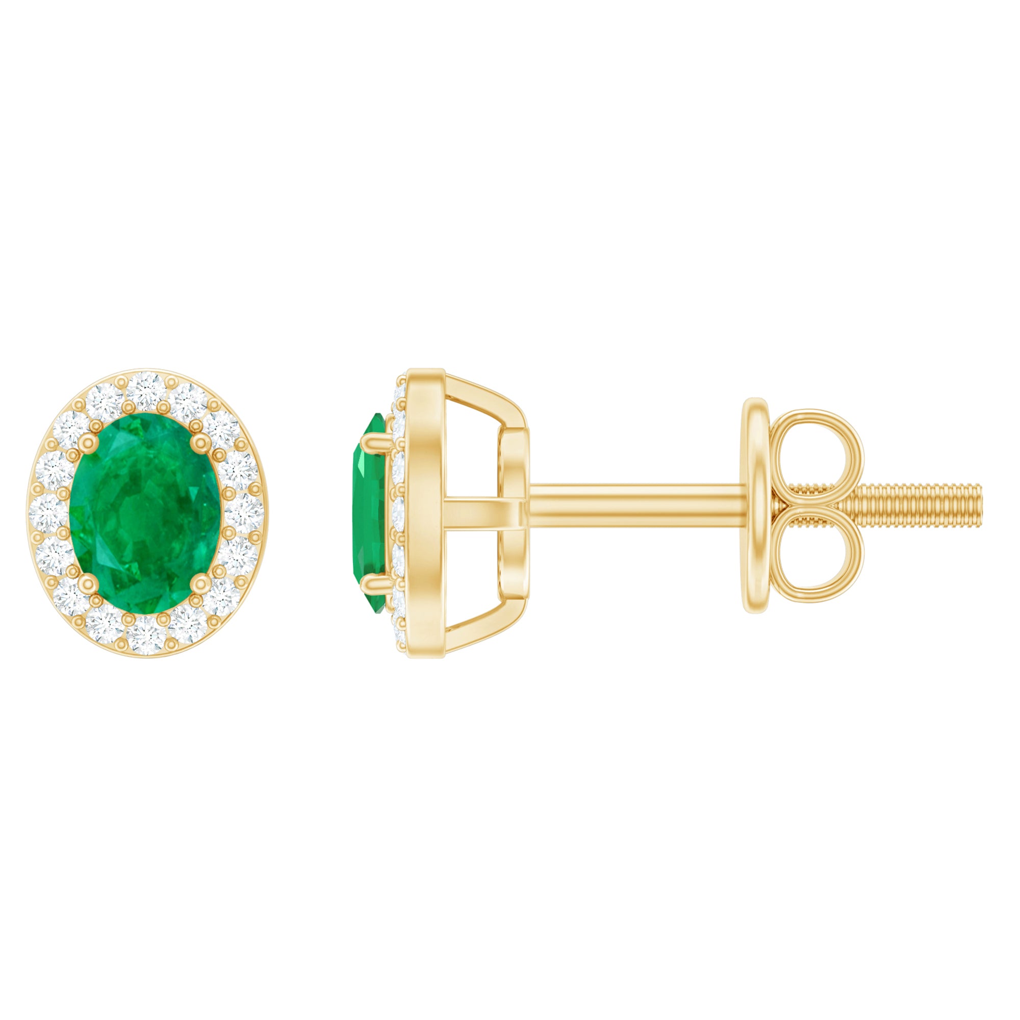 Genuine Emerald Stud Earrings with Diamond Halo