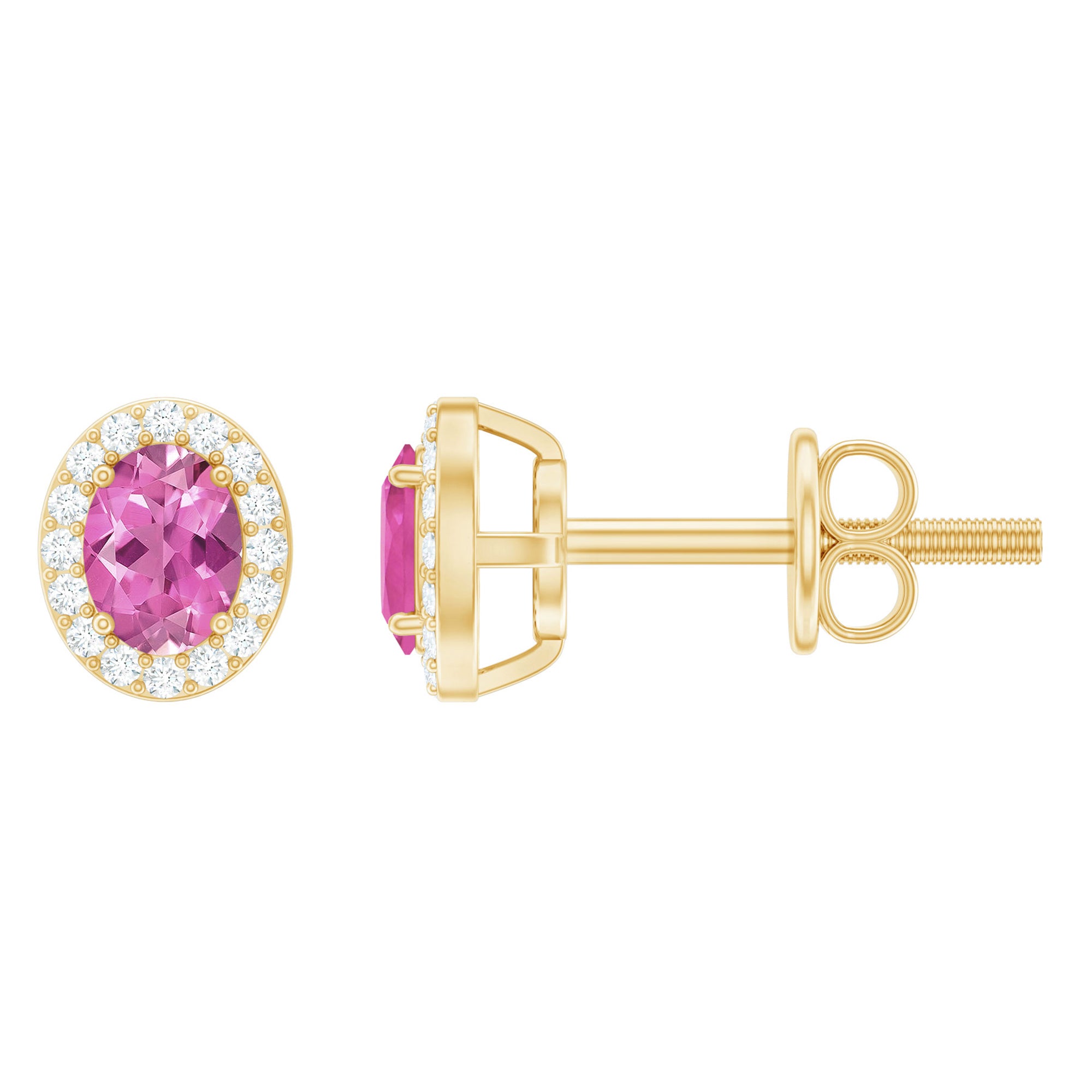Oval Shaped Pink Tourmaline and Diamond Halo Stud Earrings