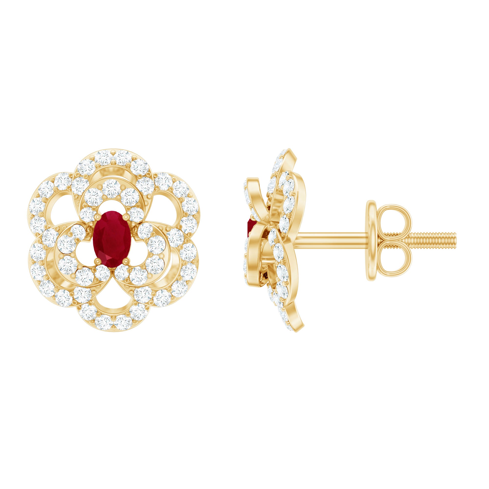 Rosec Jewels-Certified Real Ruby Diamond Flower Stud Earrings with Screw Back
