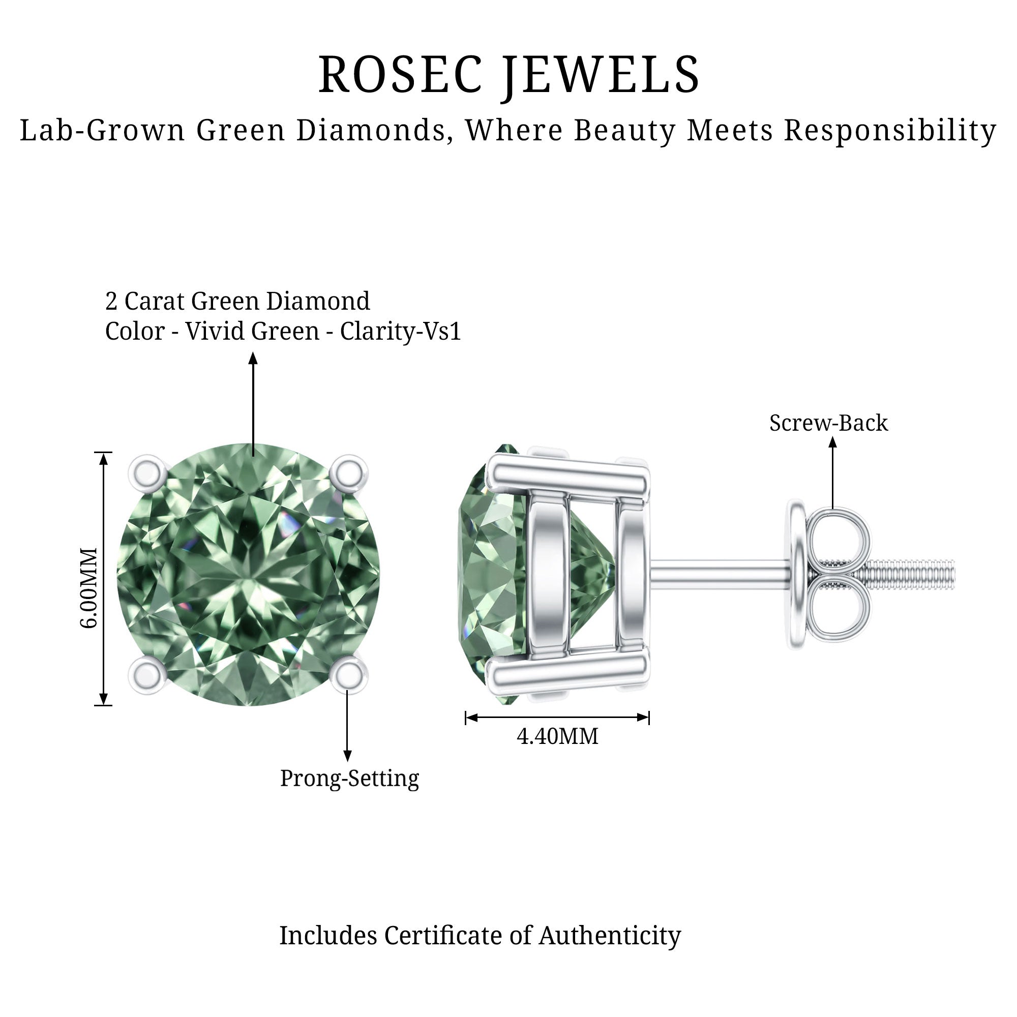 2 Carat Solitaire Lab Grown Green Diamond Stud Earrings with IGI Certificate Vivid Green - VS1 - Rosec Jewels