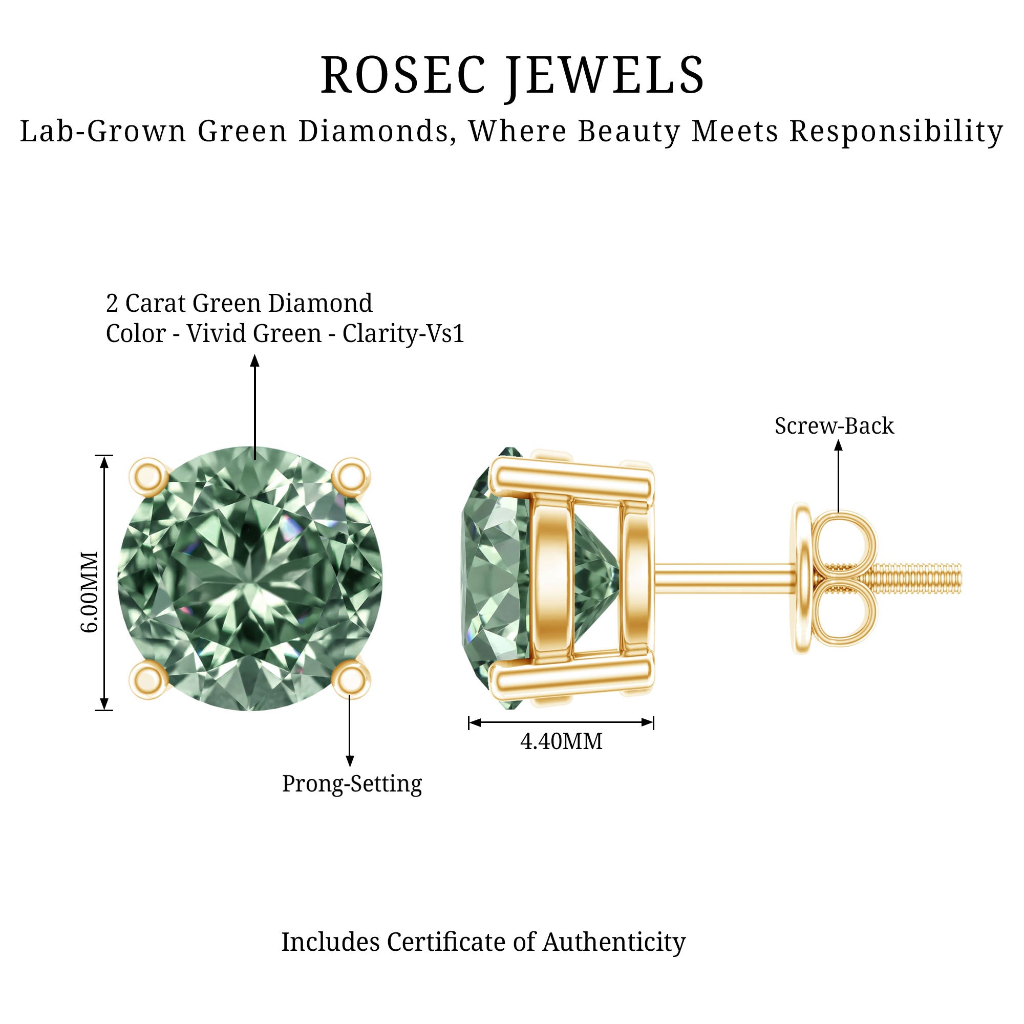 2 Carat Solitaire Lab Grown Green Diamond Stud Earrings with IGI Certificate Vivid Green - VS1 - Rosec Jewels