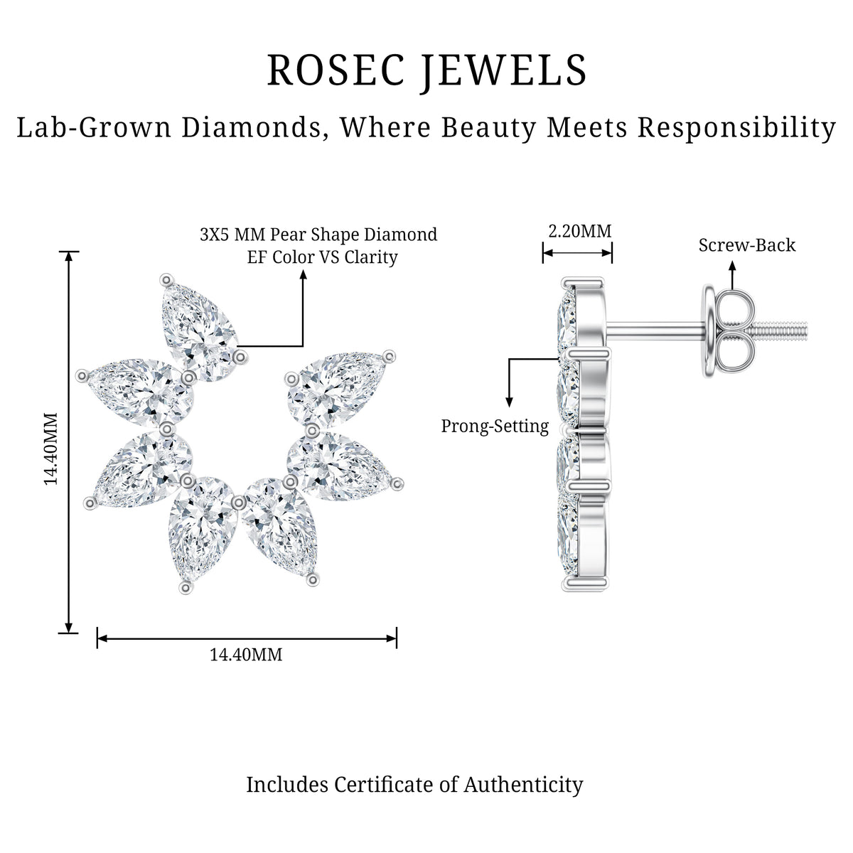 Pear Cut Lab Grown Diamond Flower Stud Earrings with Screw Back Lab - ( EF-VS ) - Rosec Jewels