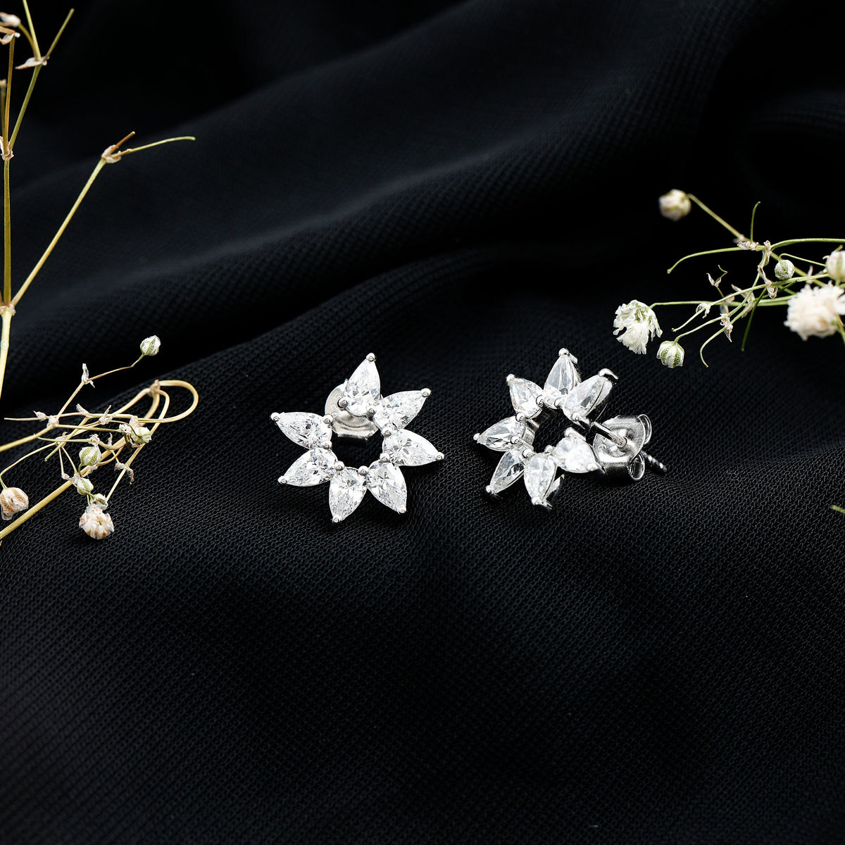 Pear Cut Lab Grown Diamond Flower Stud Earrings with Screw Back Lab - ( EF-VS ) - Rosec Jewels