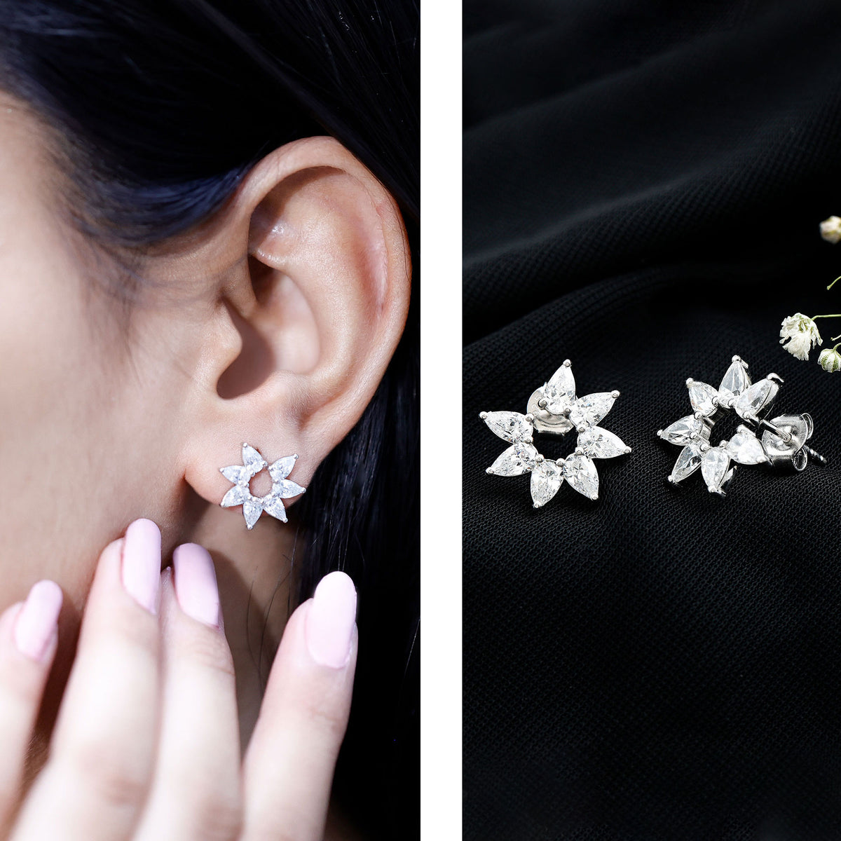 Pear Cut Lab Grown Diamond Flower Stud Earrings with Screw Back Lab - ( EF-VS ) - Rosec Jewels