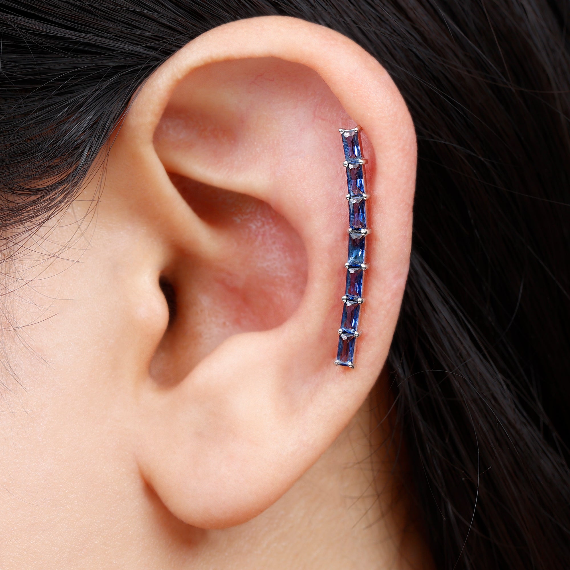 Created Blue Sapphire Climber Earrings Lab Created Blue Sapphire - ( AAAA ) - Quality - Rosec Jewels