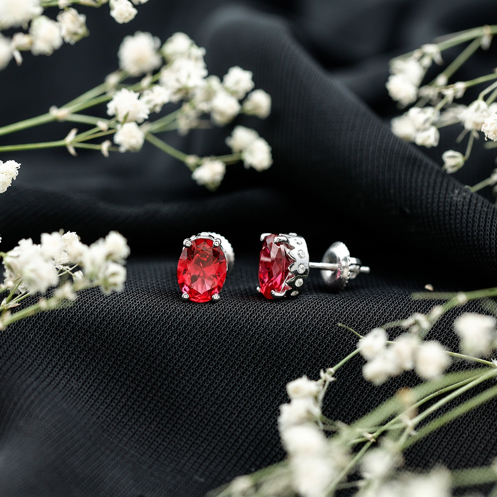 3 CT Oval Lab-Created Ruby Bridal Stud Earrings with Diamond AAAA - Rosec Jewels