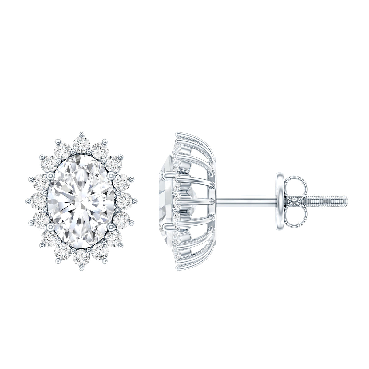 1.9 Carat Oval Moissanite Classic Stud Earrings With Halo D-VS1 - Rosec Jewels