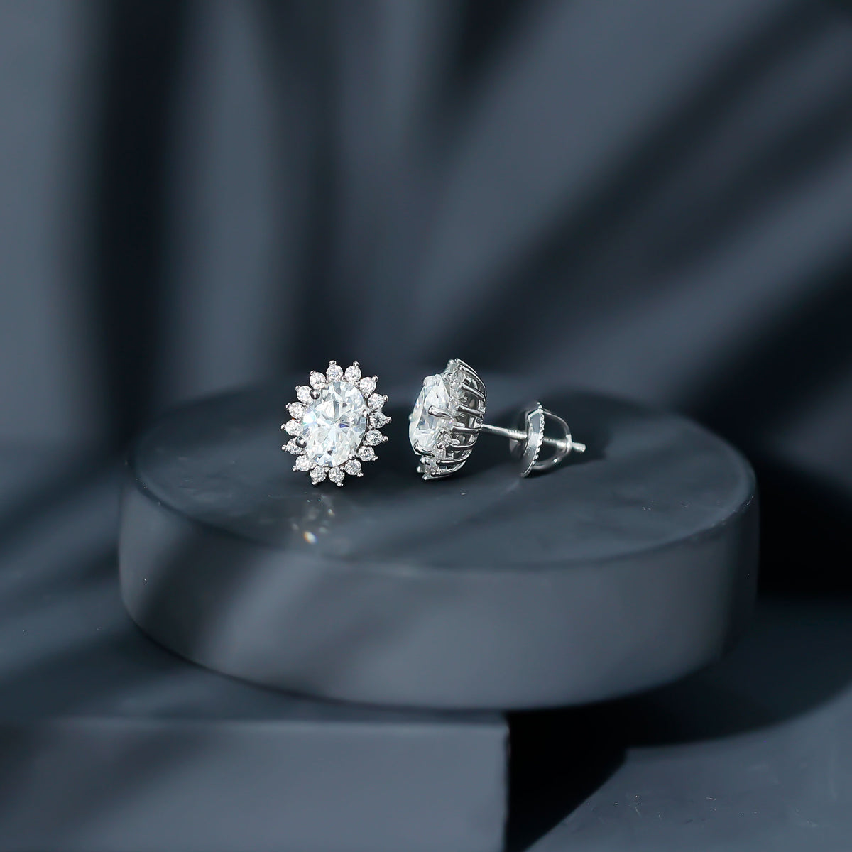 1.9 Carat Oval Moissanite Classic Stud Earrings With Halo D-VS1 - Rosec Jewels