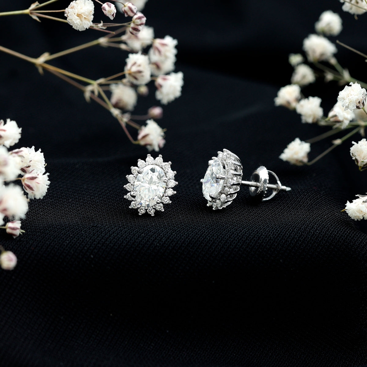 1.9 Carat Oval Moissanite Classic Stud Earrings With Halo D-VS1 - Rosec Jewels