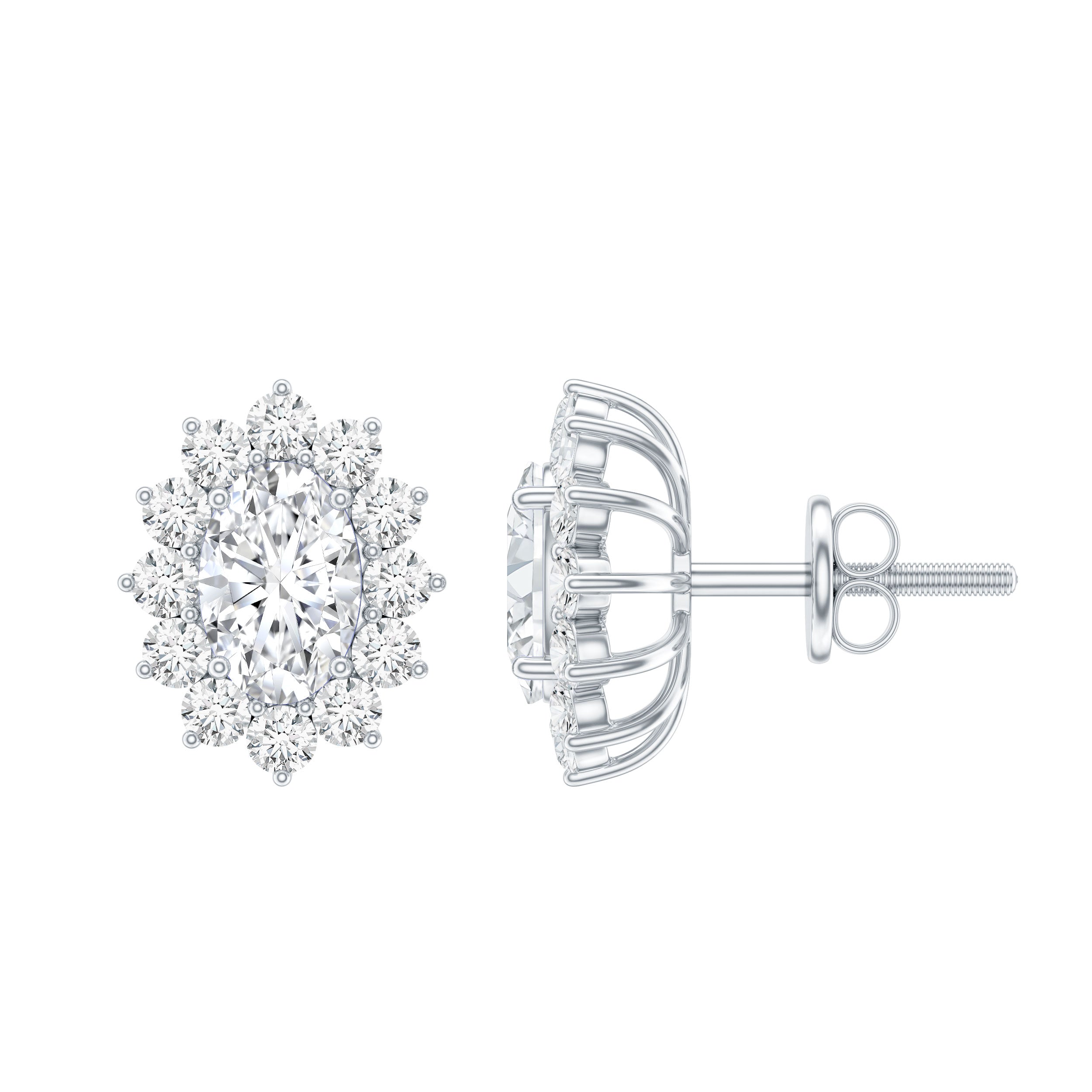 Certified Moissanite Oval Stud Earrings with Halo D-VS1 - Rosec Jewels