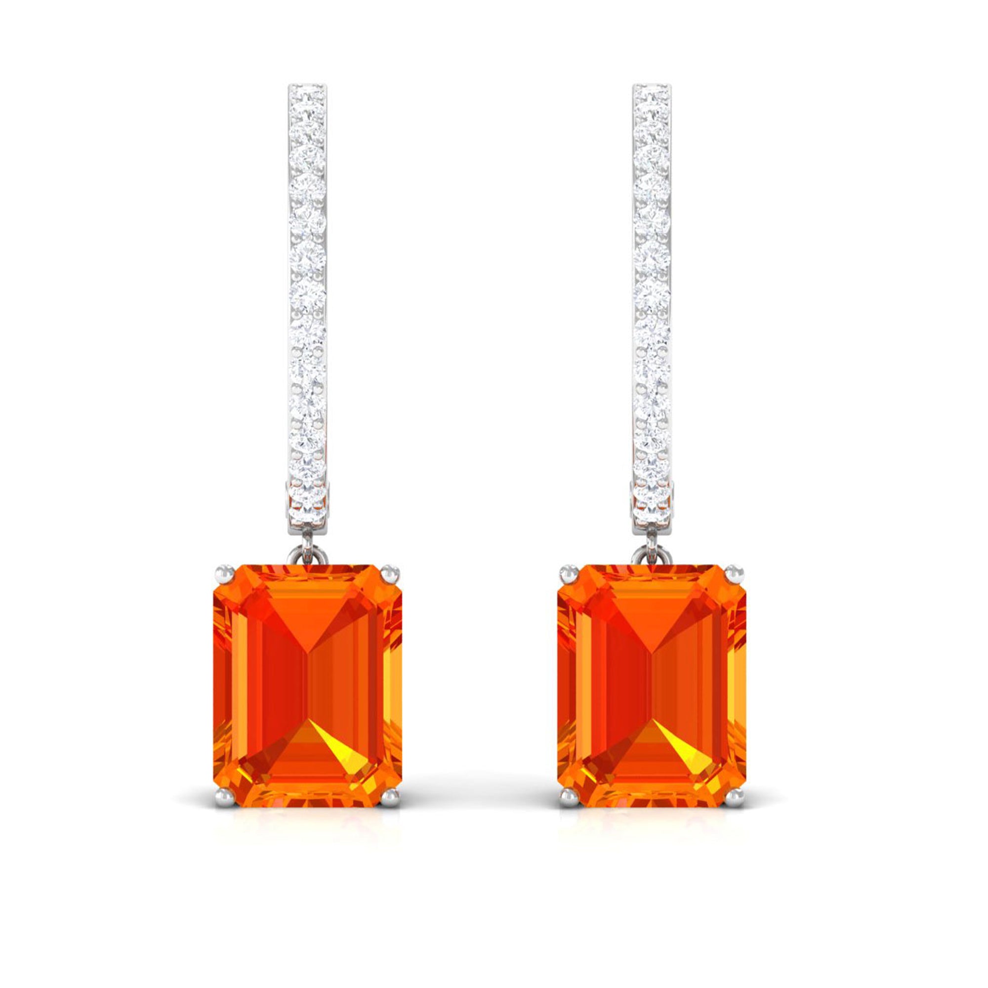 Lab Grown Orange Sapphire Drop Hoop Earrings with Diamond Lab Created Orange Sapphire - ( AAAA ) - Quality - Rosec Jewels