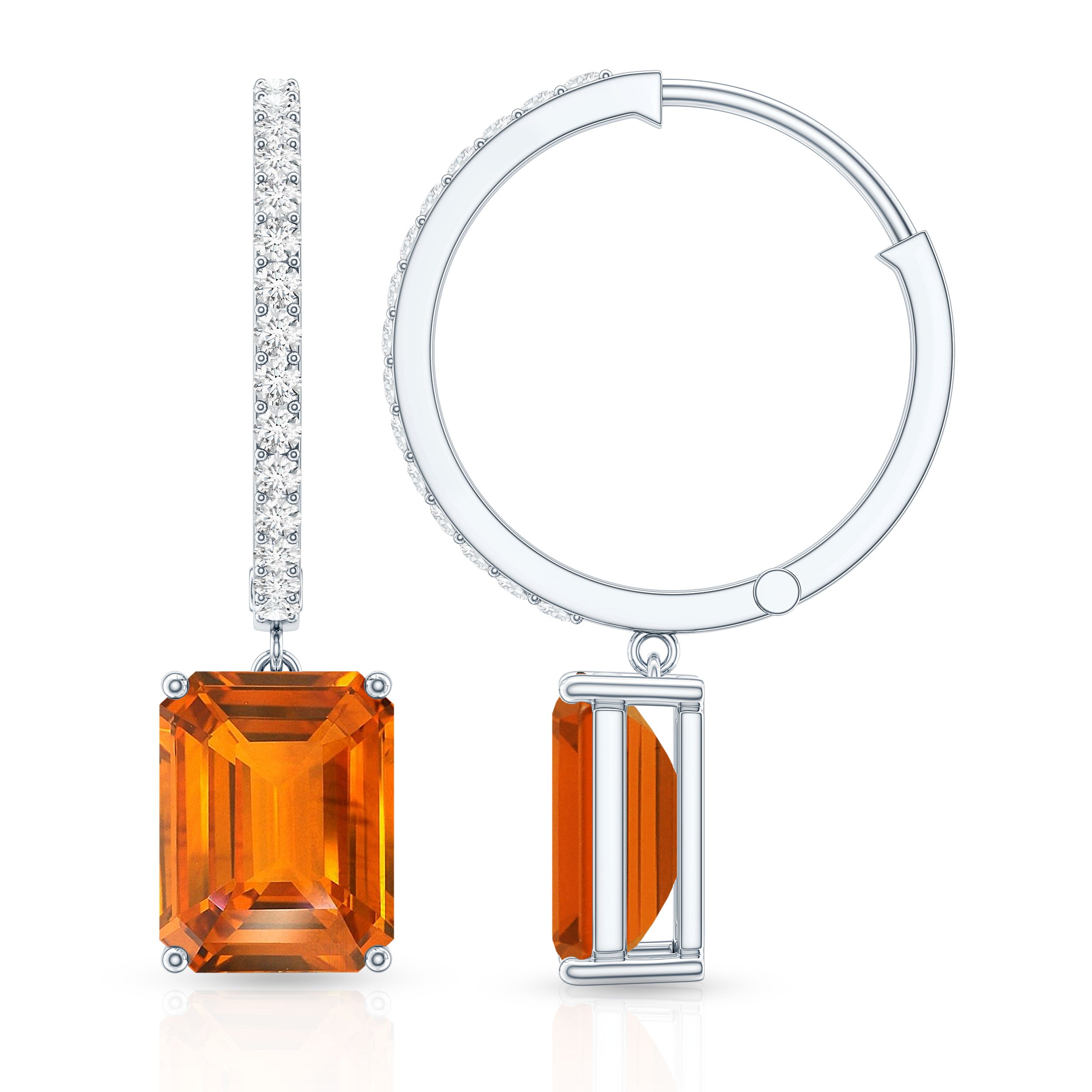 Emerald Cut Lab Grown Orange Sapphire Drop Hoop Earrings with Diamond AAAA - Rosec Jewels