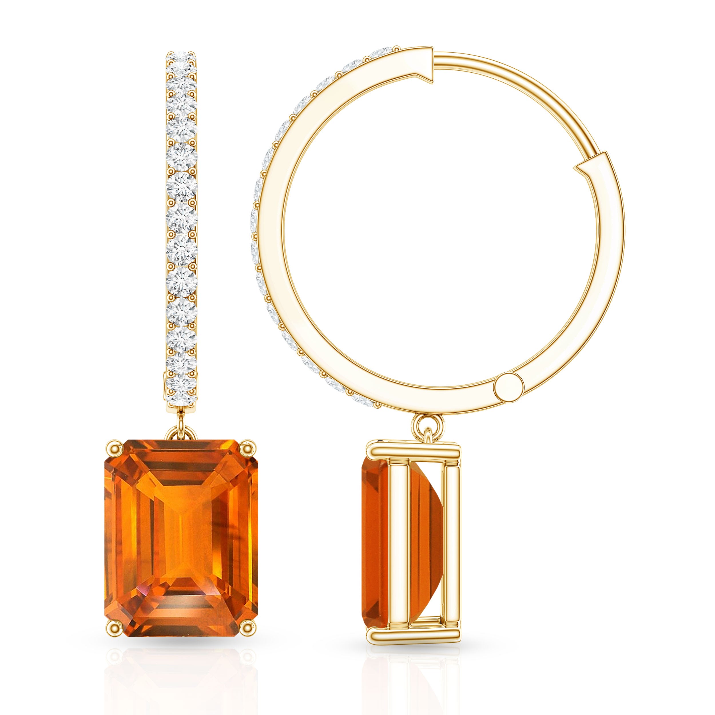 Emerald Cut Lab Grown Orange Sapphire Drop Hoop Earrings with Diamond AAAA - Rosec Jewels