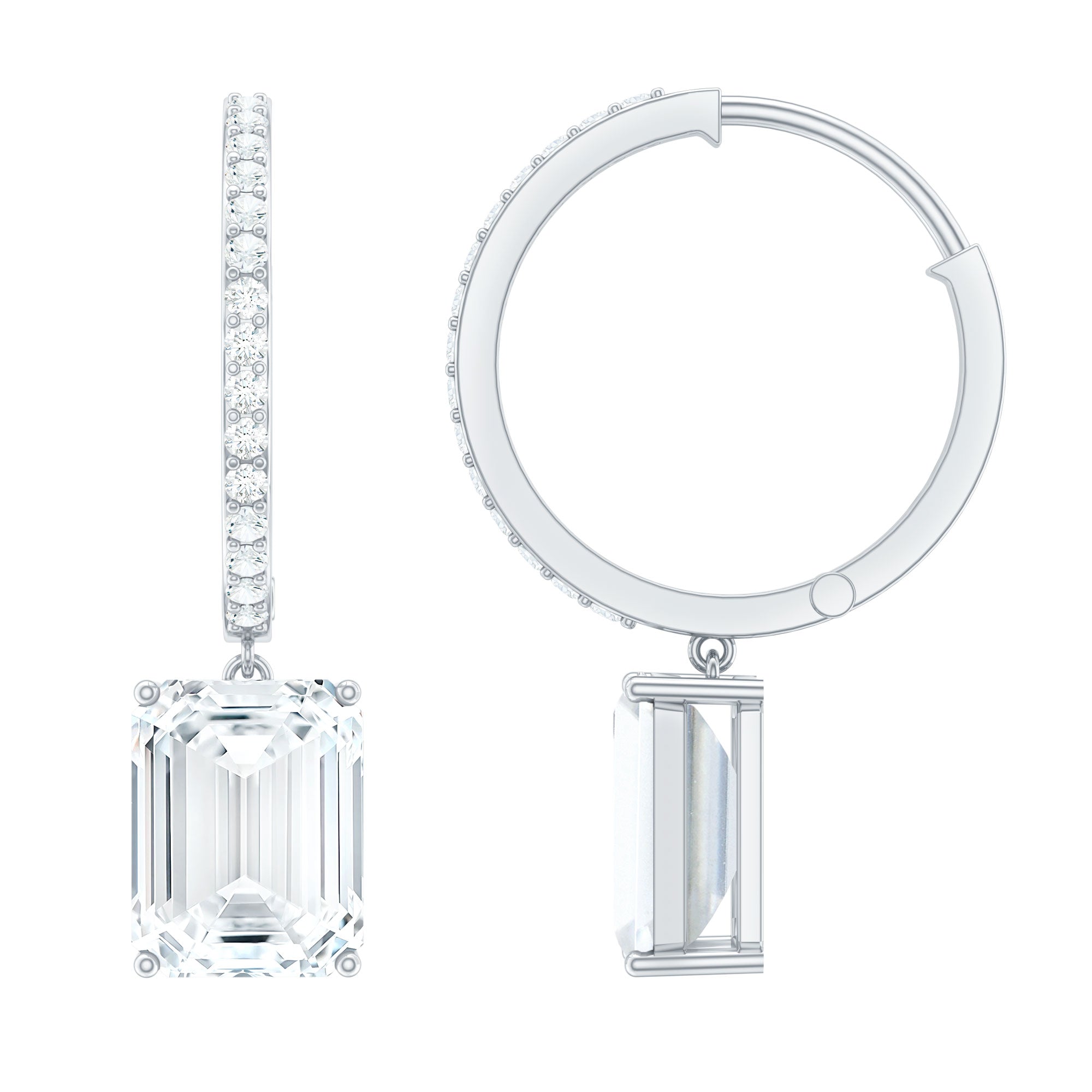 Emerald Cut Moissanite Drop Hoop Earrings