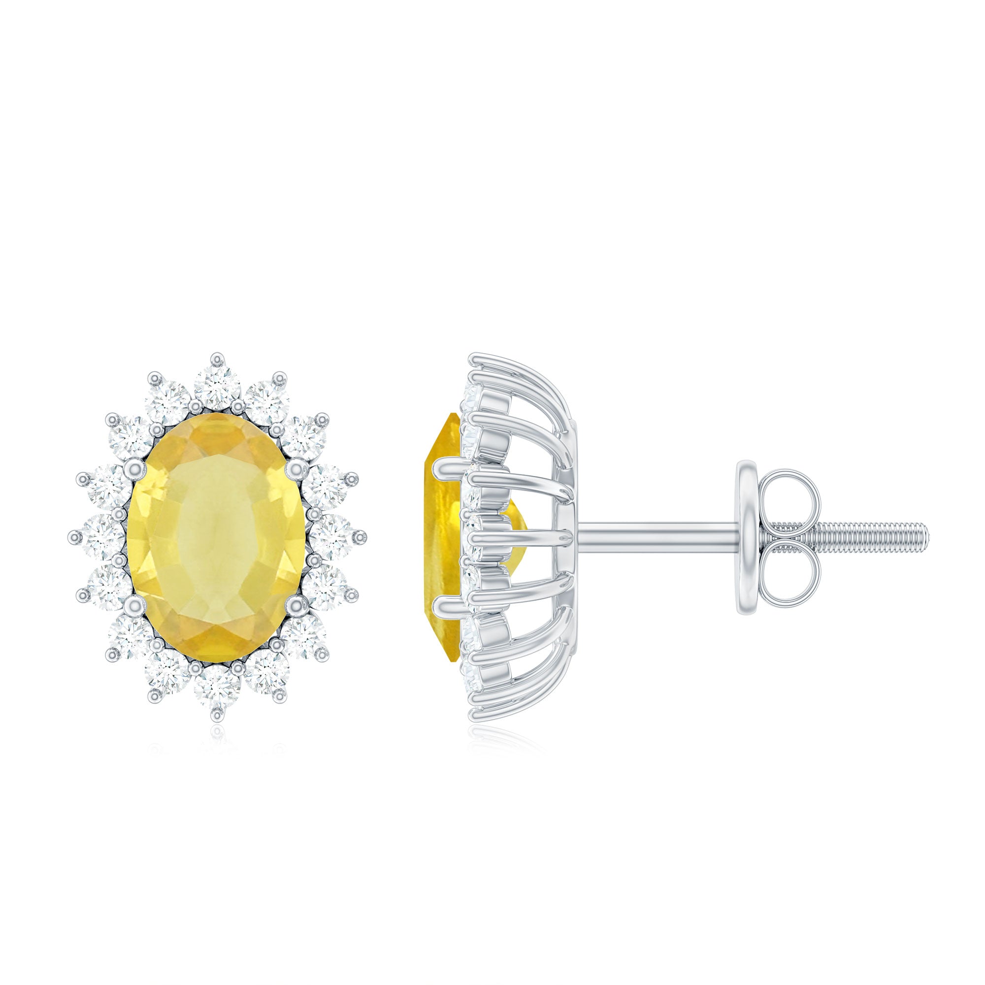 Oval Cut Lab Grown Yellow Sapphire and Moissanite Stud Earrings