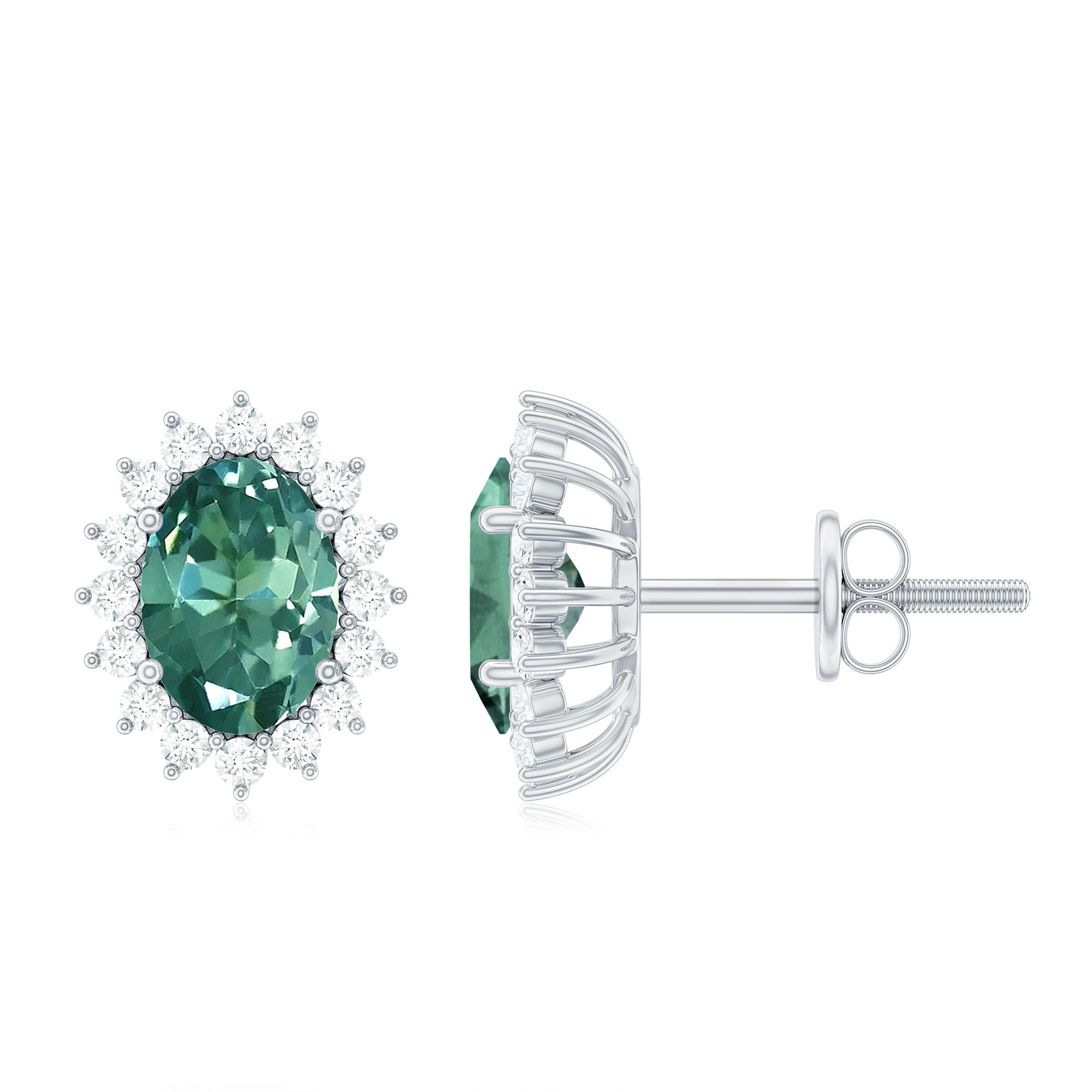 Lab Grown Green Sapphire Stud Earrings with Moissanite Halo