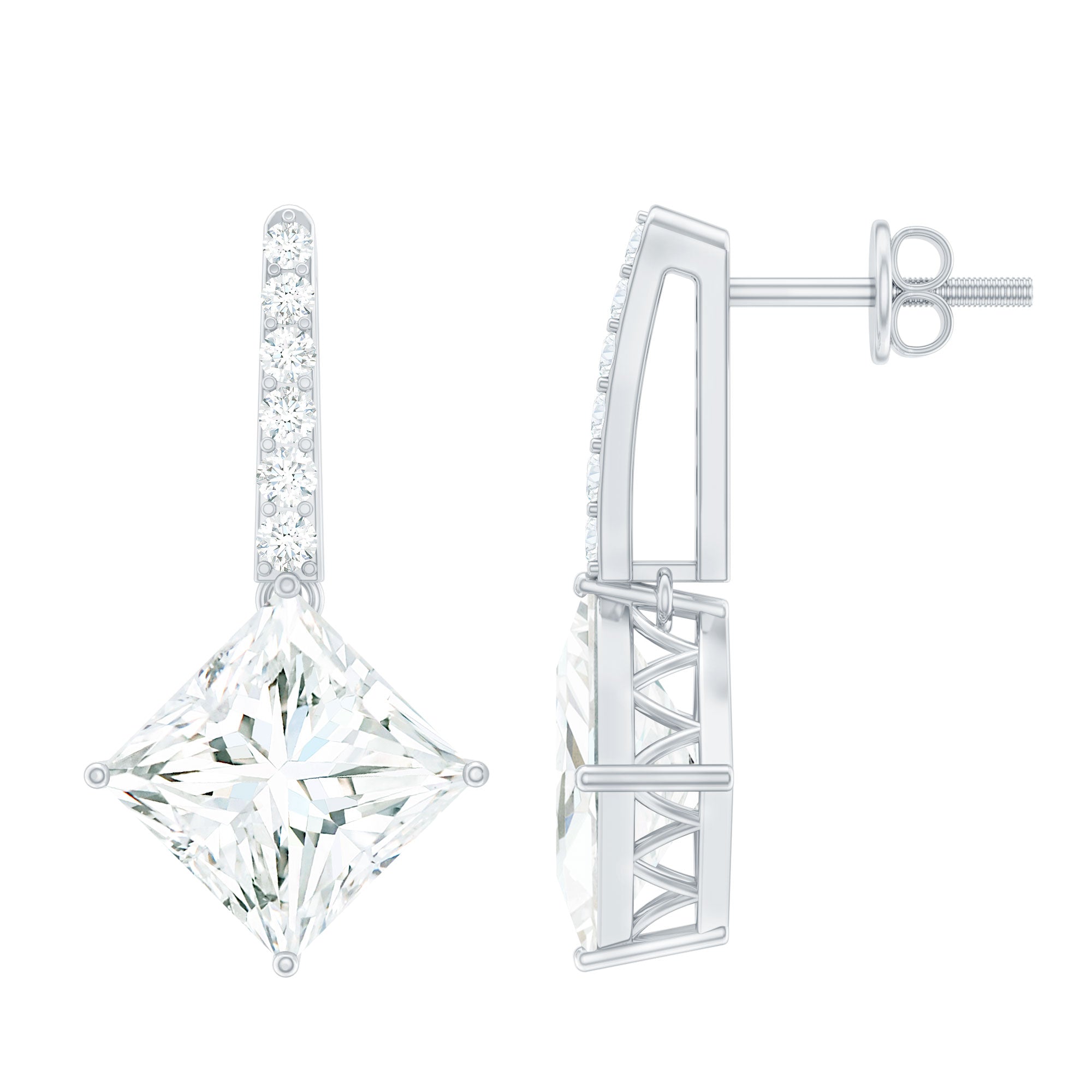 Certified Princess Cut Moissanite Drop Earrings in Silver