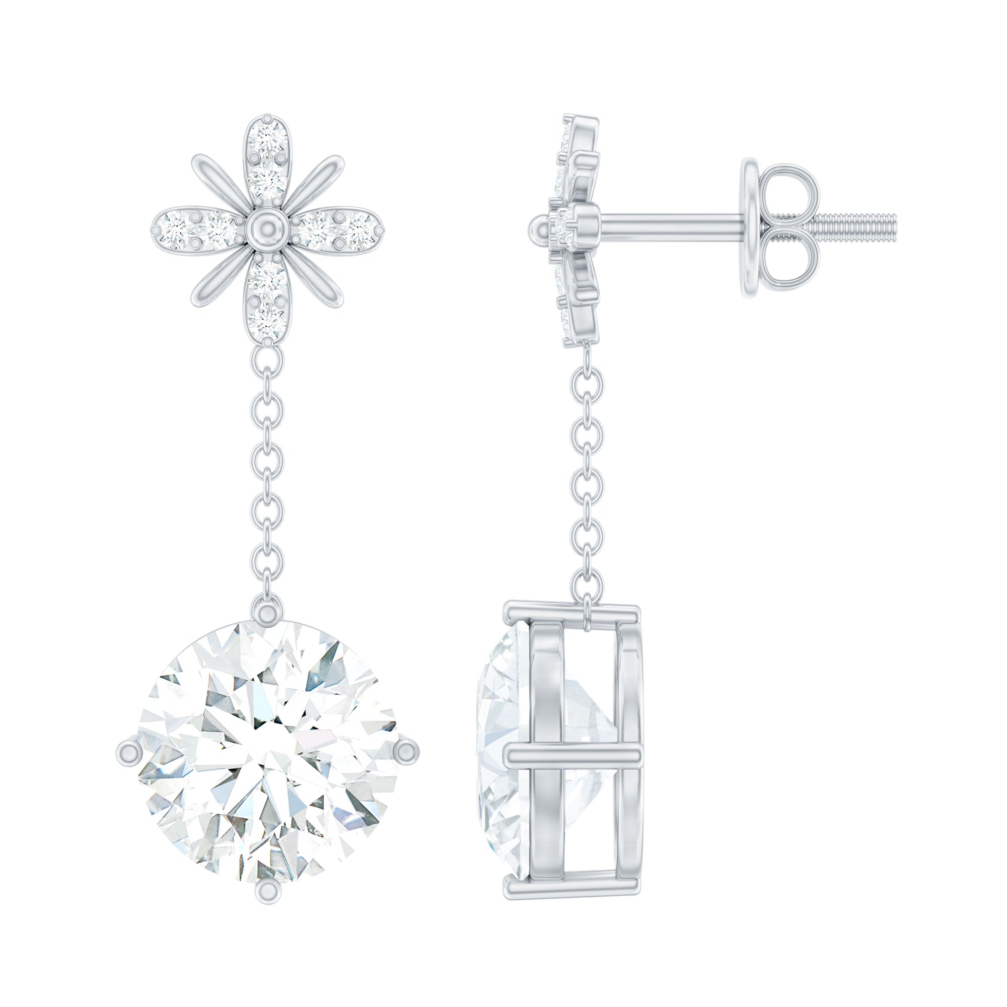 Floral Inspired 8 MM Moissanite Dangling Earrings in Silver