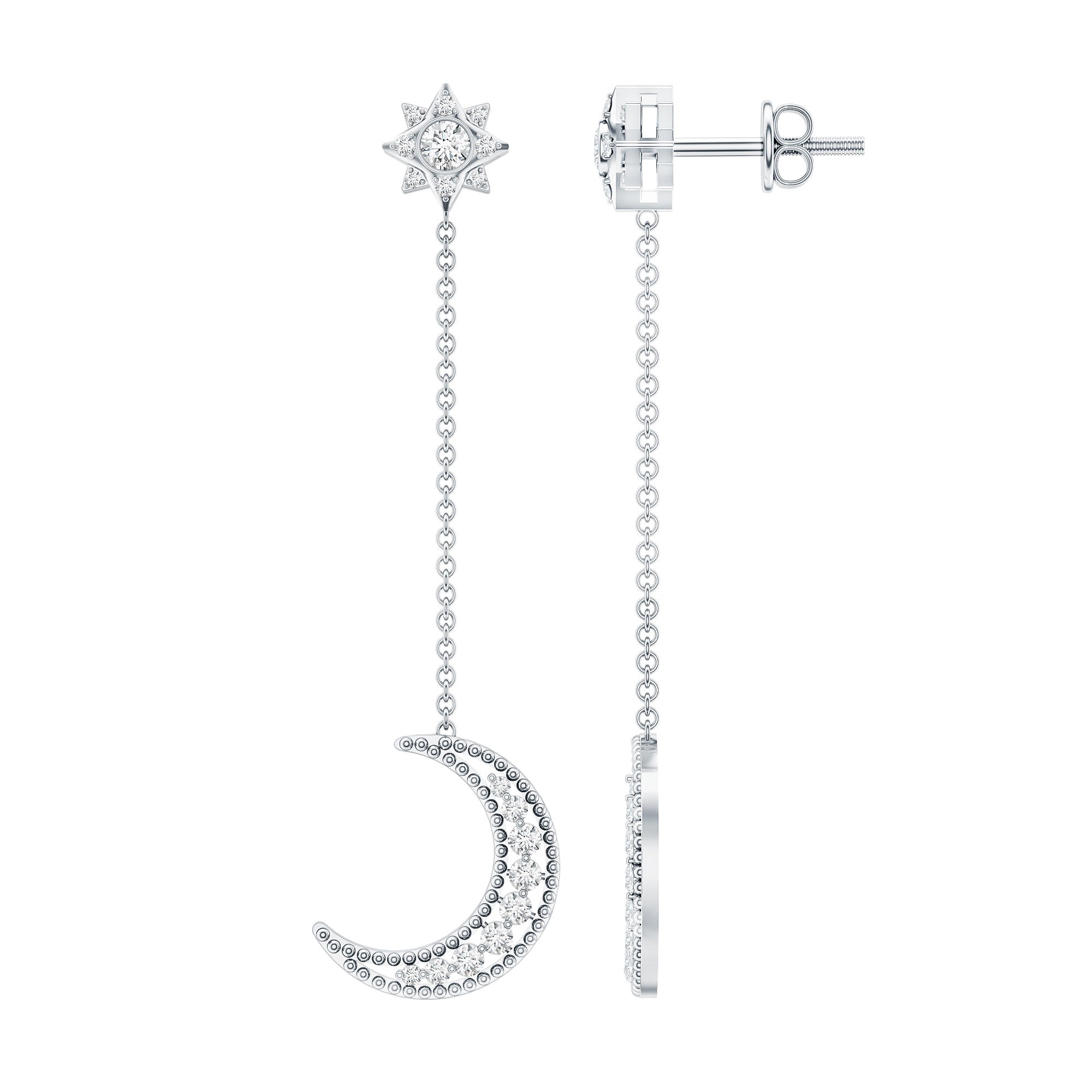 Certified Diamond Star and Moon Chain Earrings Lab - ( EF-VS ) - Rosec Jewels