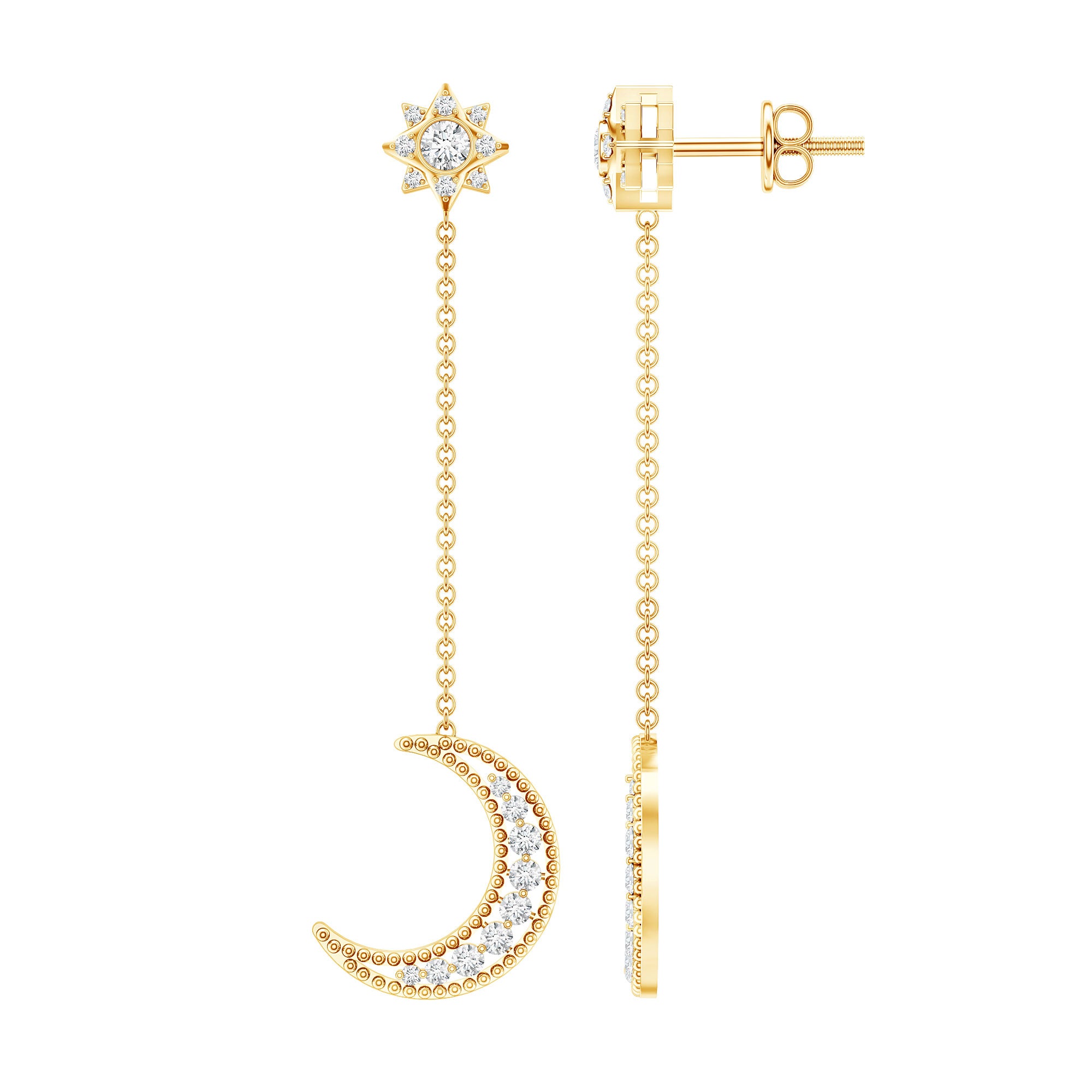 Certified Diamond Star and Moon Chain Earrings Lab - ( EF-VS ) - Rosec Jewels