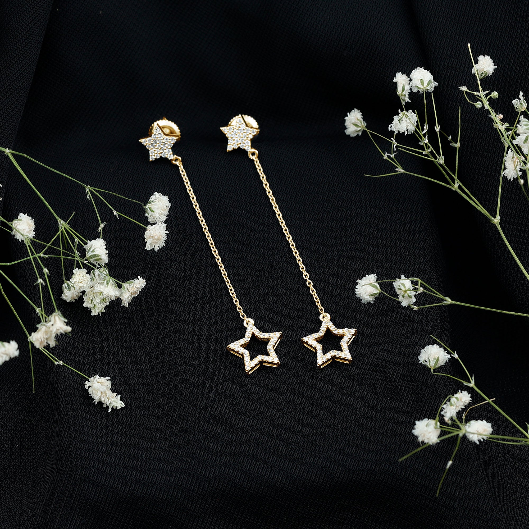 Rosec Jewels-Diamond Star Chain Dangle Earrings