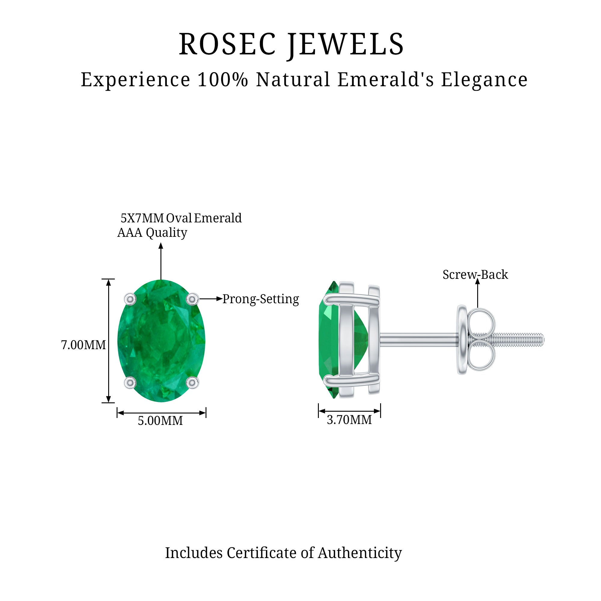 7X5 MM Oval Cut Emerald Solitaire Stud Earrings in 4 Prong Setting Emerald - ( AAA ) - Quality - Rosec Jewels