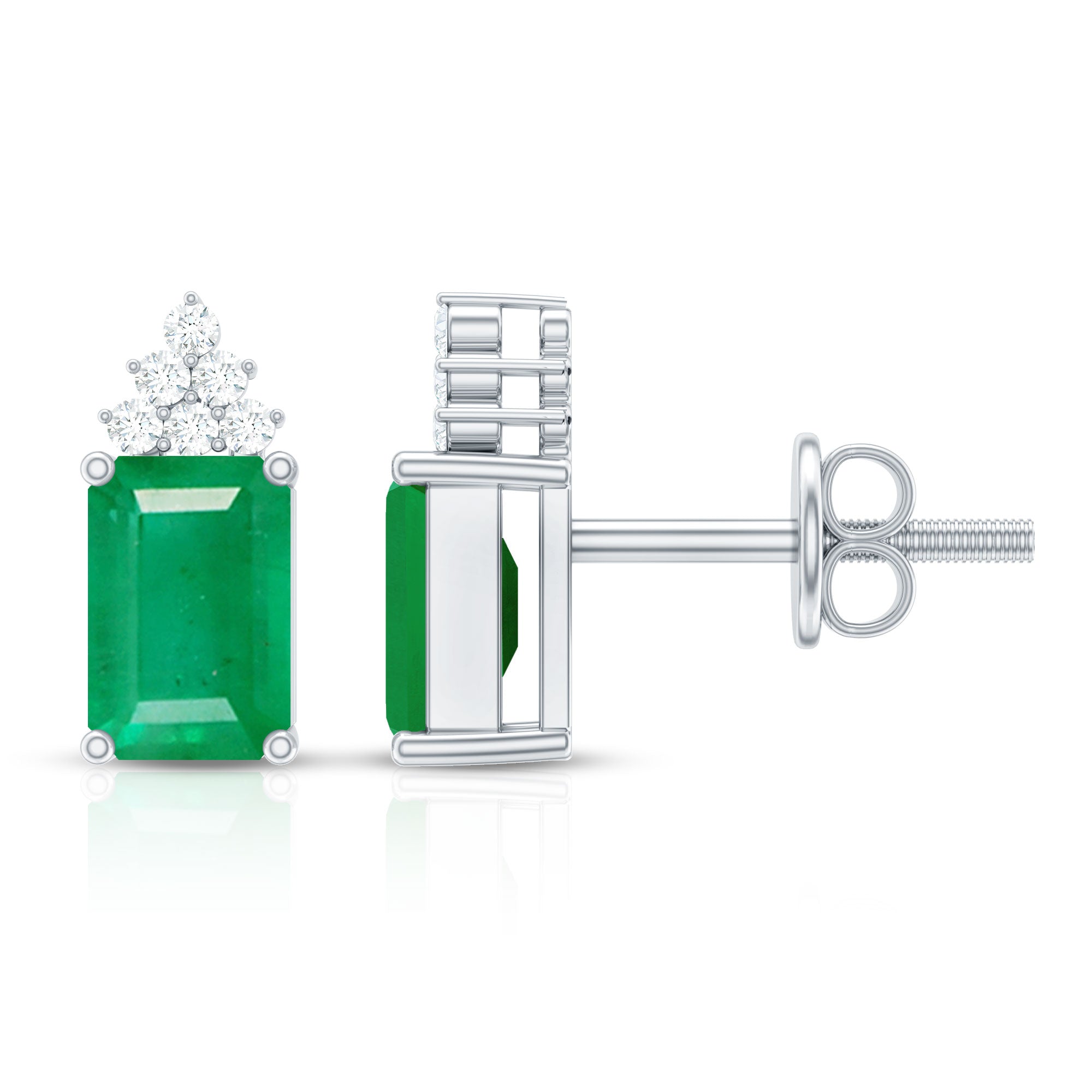 Genuine 1.32 Carat Emerald Cut Emerald Stud Earrings with Diamond Cluster AAA - Rosec Jewels